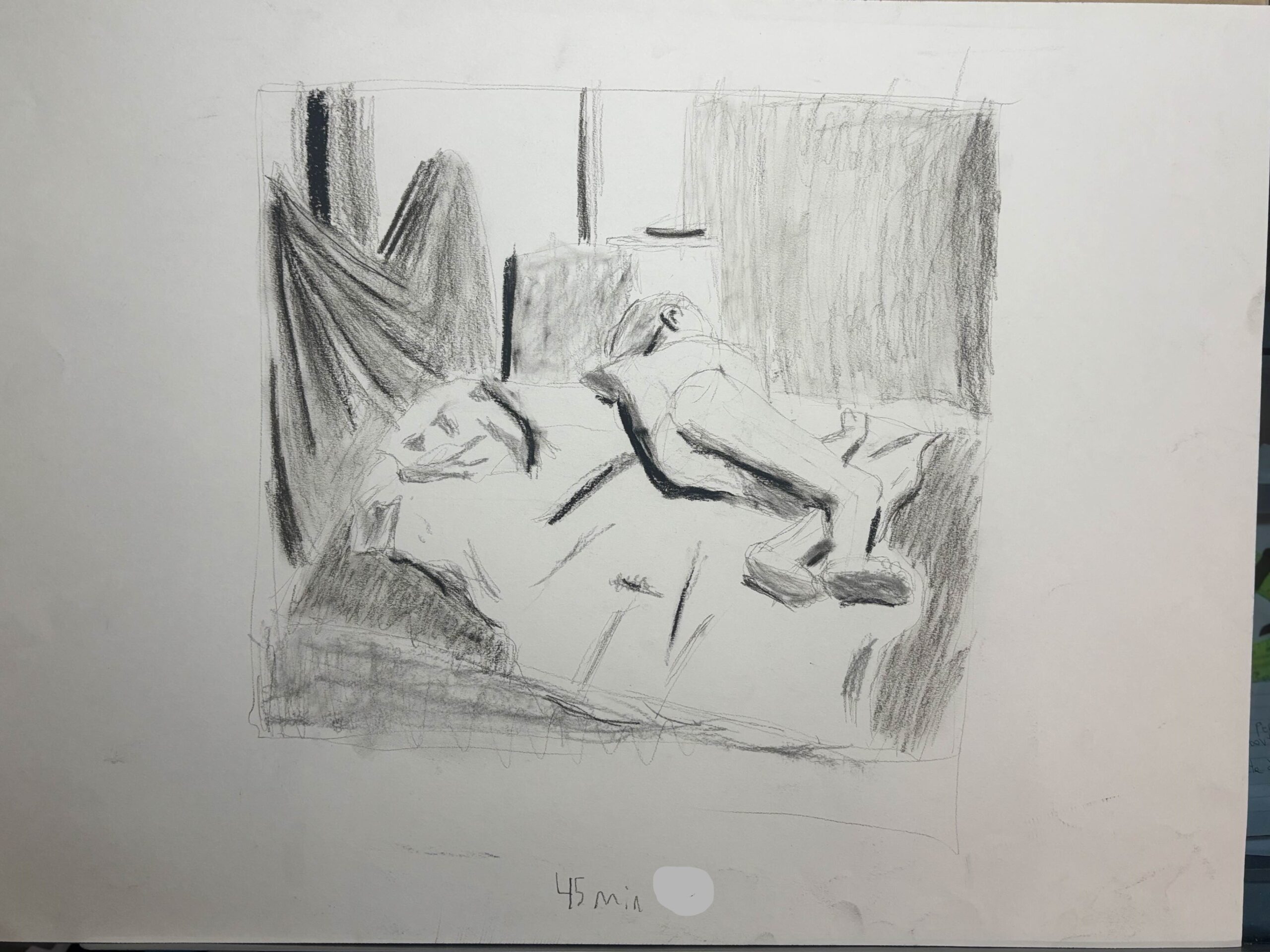 A drawing of a woman laying down on her side on a blanket over a square platform. Behind the platform you can see an environment that includes walls and draped fabrics.