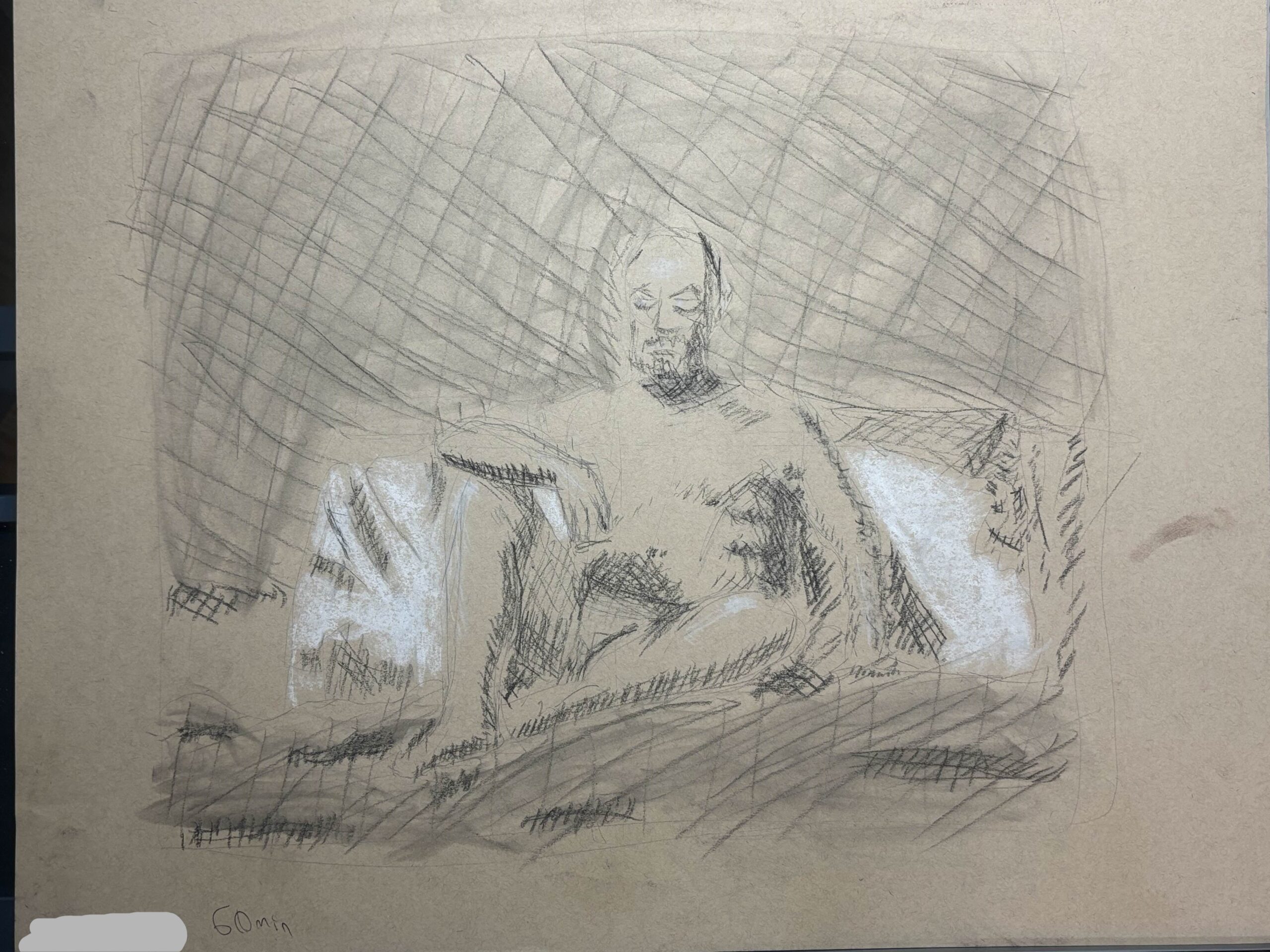 A drawing of a man sitting down. His right knee is up and his right arm is resting on it.