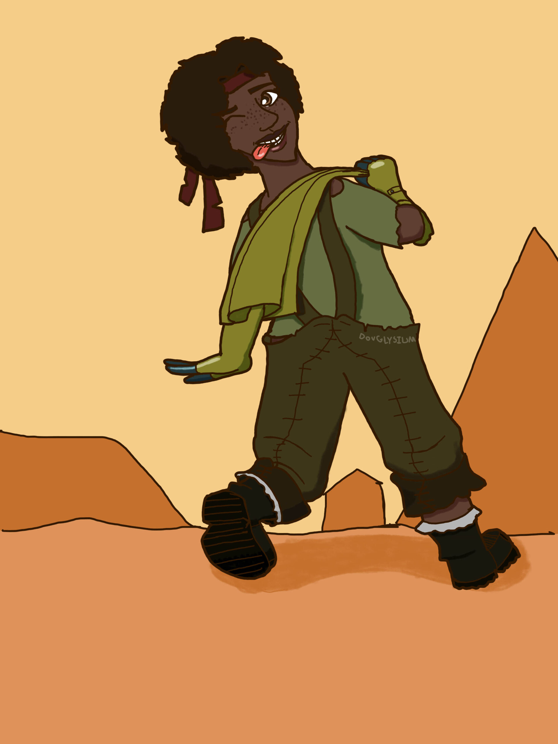 A digital drawing of Galoogamelady’s OC Meg. A black woman in a green t-shirt with darker green overalls and boots. She has green rubber gloves on that have fingers that are a shade of blue, and she slings a towel over her right shoulder with her right hand as she walks away with her back facing the camera. However, her face is turned to the camera with a wink and a tongue sticking out of her mouth through her teeth. She is wearing a dark red bandana around her head, and her left arm is pointed towards the ground with the palm of the corresponding hand open and facing the ground. All her clothes are clearly worn down a bit. Her face has freckles on it, and her eyes are brown. The background is a simplified desert / arid environment with an orange sky and darker orange earth and mountains.