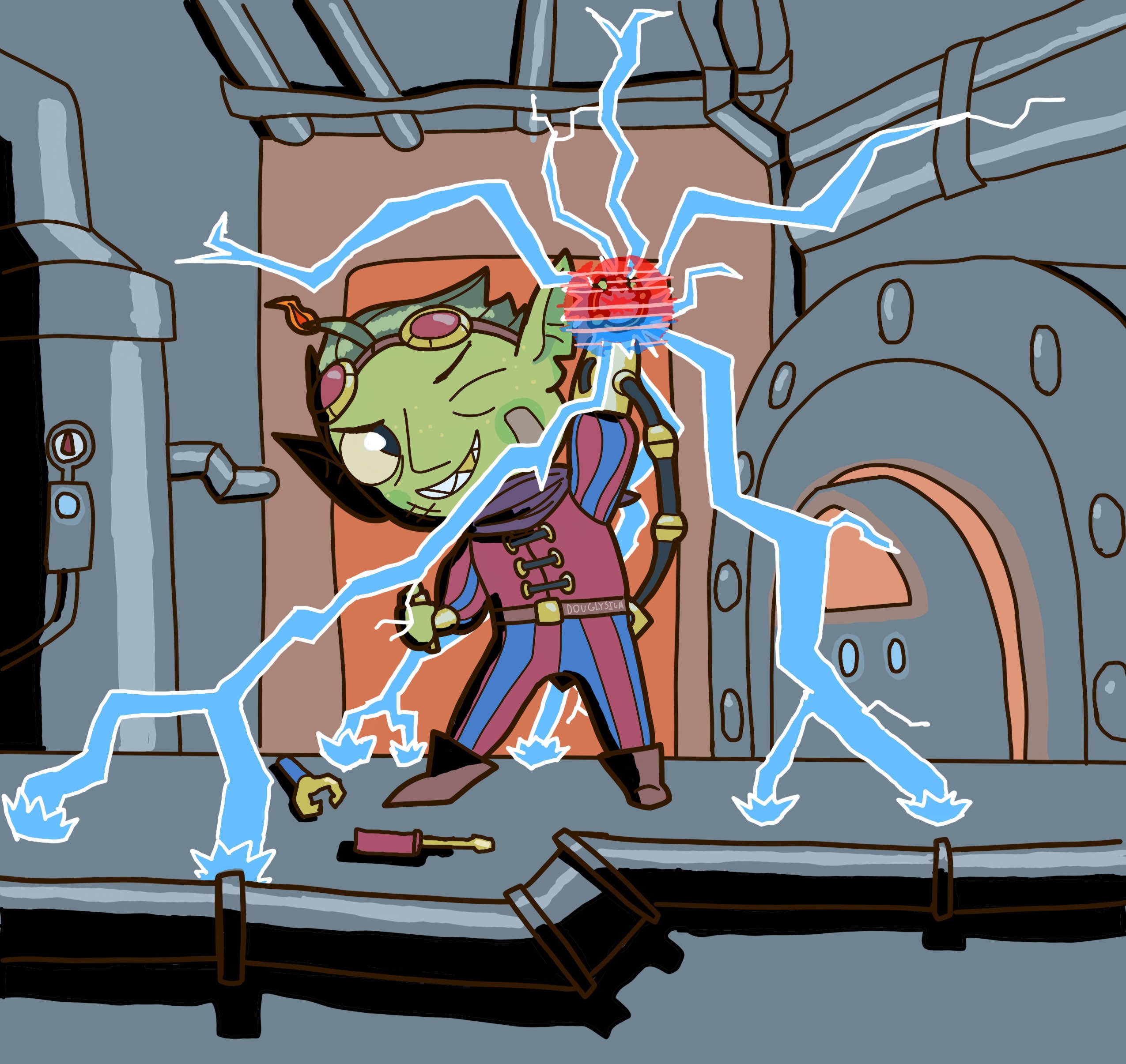 1: A chibi drawing of a green goblin with yellow freckles and darker green hair (said hair has a strand / ahoge that has been lit on fire by the experiment they are performing). Their left hand is raised up and holding a device. They are wearing goggles that have gold rims, red lenses, and brown straps. Their eyes are yellow with black pupils and they have a patch / bandaid on their left cheek with some sort of scratch or mark on their right cheek. They have their left eye closed from the brightness coming off of their experimental device and a smile that contains one golden tooth amongst their sharp toothed smile. In their left hand the device is releasing electricity in every direction while displaying a holographic symbol that resembles that of the Izzet guild. They are wearing an Izzet uniform that is primarily red and blue with striped sleeves alternating between the colors. Some sort of cord is connecting from a device behind their hip to the machine in their hand, and in their right hand is some sort of trigger being pressed. The environment is a metal room / hallway with a couple of tools on the floor and various pipes and machines spread throughout. There is a blue tint on Kid Izzet and the entire room due to the light coming off of their experiment. The shading is done in simple black.