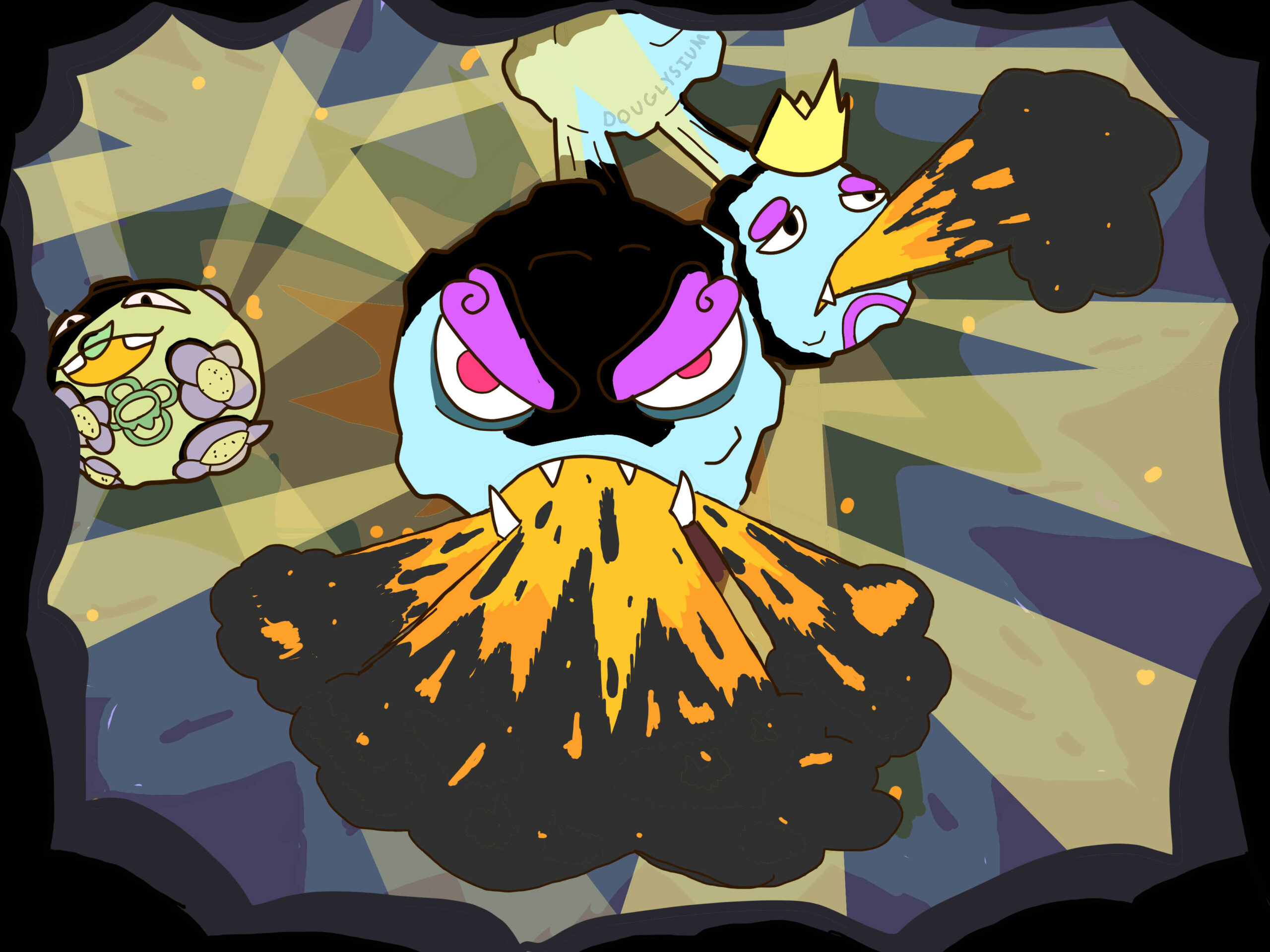An Artfight attack I did on Petrel’s Pipebomb. Pipebomb is a shiny version of the Pokemon Weezing that is blue with vibrant pink / purple eyebrows and symbols of the same color on his chest. His smaller head wears a golden / yellow crown. In the drawing itself, Petrel is releasing a powerful fiery explosion from both his mouths as rays of light fire out from the pores on his body in every direction, while the bigger head holds an angry expression. In the background on the drawing’s left the design for my regional Koffing can be seen. It is a green Koffing that has flowers in the place of bumps, and it holds a much more jovial and happy expression as light pours out of the center of its flowers. A glob of snot hangs from its nose, and its mouth glows orange with energy. On its chest is a pattern that resembles a skill surrounded by petals. The foreground is lined with an extremely dark purple smoke, and the background has a rainbow collaboration exploding outwards that’s meant to invoke Pipebomb’s rainbow colored smoke. The shadows on Pipebomb and Koffing are rendered in a stark black.