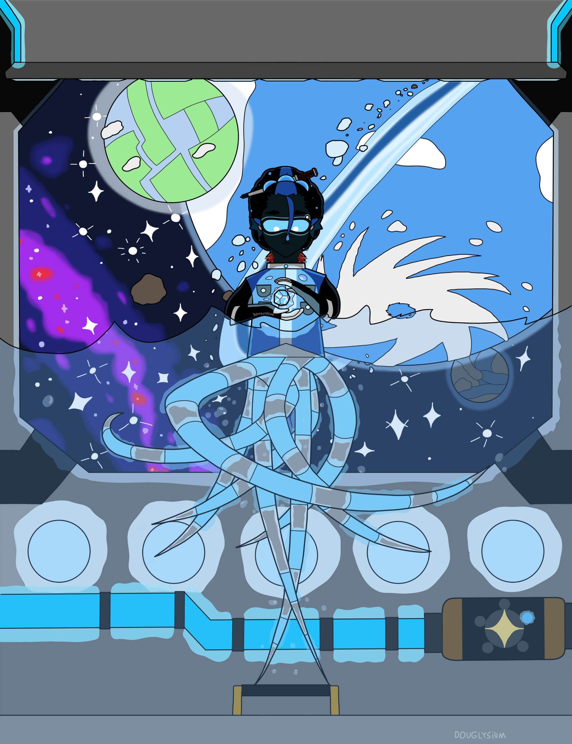 1: A drawing of my OC Viola W Blewett as they appears in her Magic the Gathering variant. They are a merfolk with dark green scales / skin, blue fins in place of ears, and a curly afro tied into a ponytail with a blue bubble-like hair tie thing. A streak of blue goes down their otherwise black hair and ends in an ahoge of sorts hanging in front of Viola’s face. In their hair is a high-tech, mostly silver looking, wand filled with some sort of fluid in a compartment. They are wearing goggles that glow and obscure their eyes outside of white oval approximations of where they are looking along with a blue top that has black sleeves, four pockets, and a silver metal collar of some kind. Their hands are covered by black gloves that have a white trim and fingers while their lower half has a prosthetic resembling the arms of an octopus with a metal silver coloration and glowing blue segments. Within the artwork, a glowing gem surrounded by water floats between Viola’s hands, and the lower half of Viola’s body is submerged in water. In the background is a window showing space itself with a planet and two moons in it. Outside the window are various lights, tubing / pipes, etc. along with some sort of hatch at the bottom. All the lights and tubing glow shades of blue.