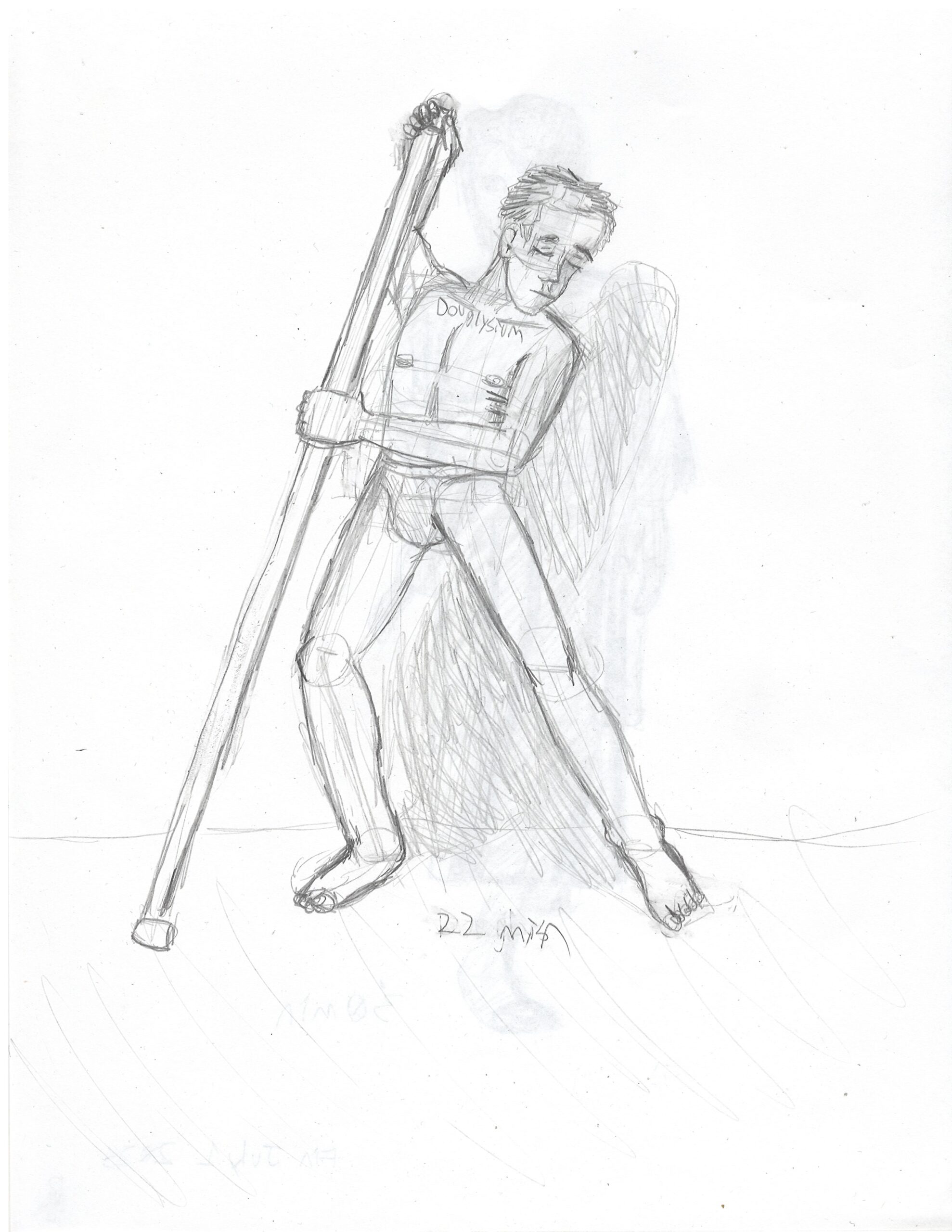 A pencil sketch of a man in nothing but his underwear dancing / posing with some sort of stick / pole.