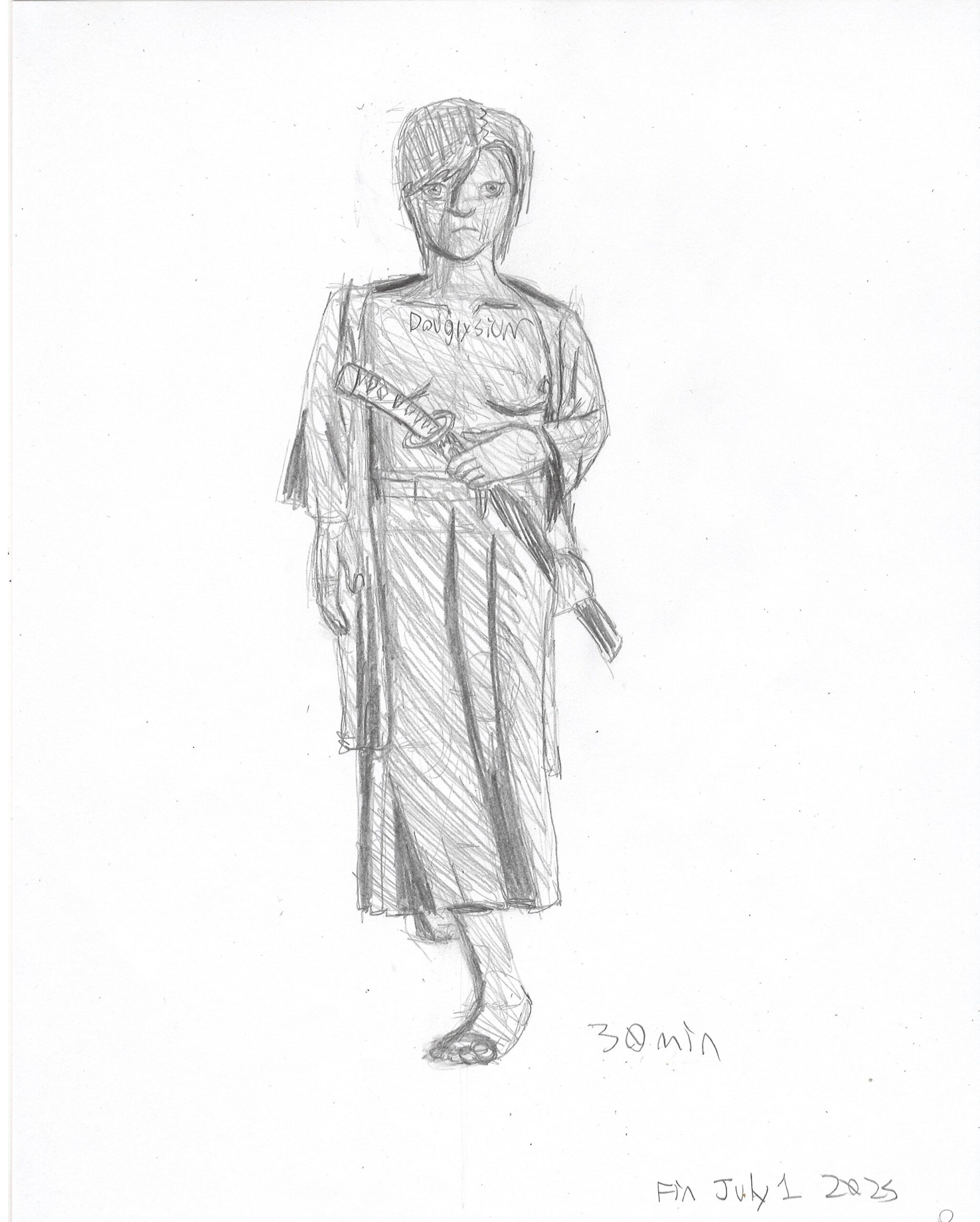 A pencil sketch of a topless woman with short hair holding a katana stepping towards the camera.