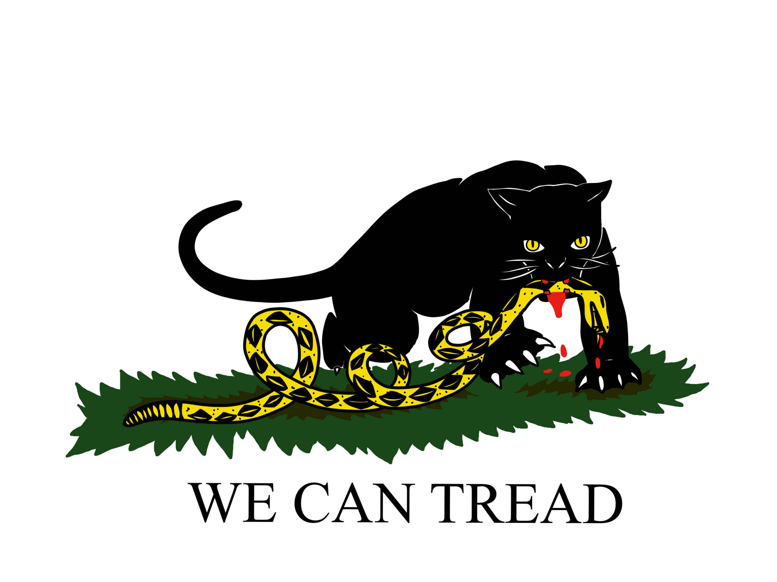 1: A drawing of a black panther from the logo of the Black Panther movement killing the snake from the “Don’t Tread on Me” flag with the words “We can dread” underneath the grassy terrain it is on. Both the snake and the panther’s irises are yellow. Blood drips from the snake's neck and the mouth of the panther it is caught in.