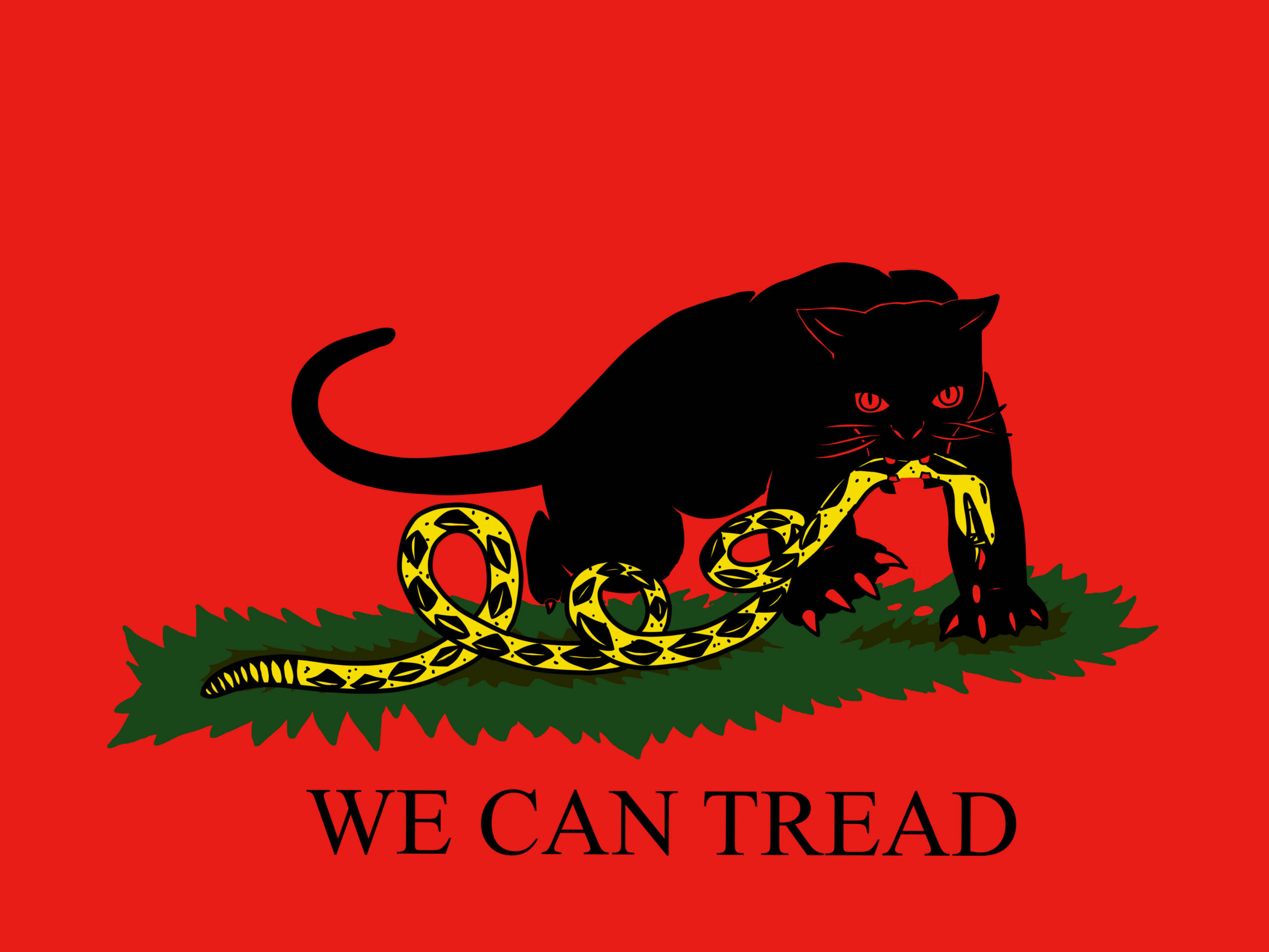 A drawing of a black panther from the logo of the Black Panther movement killing the snake from the “Don’t Tread on Me” flag with the words “We can dread” underneath the grassy terrain it is on. The snake is yellow. Blood drips from the snake's neck and the mouth of the panther it is caught in. Unlike the original drawing, the background of the drawing, and the panther’s eyes are red.