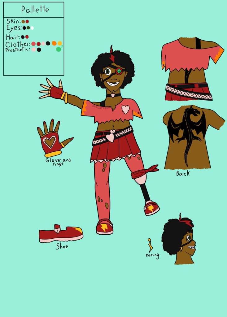 A black man wearing a ragged crop top, a pleated skirt, and torn-up stockings. He is missing his left arm and has a prosthetic on his left leg from the knee down in addition to an eye patch with a green diamond shaped gemstone on it. His hair has a portion that’s dyed red and shaped like a lightning bolt. To the right of the image is an example of Adam’s fingerless gloves and one of his bracelets and below that is a shoe. To the right of the drawing is a reference for Adam’s back, tattoo, earring, and side profile.
