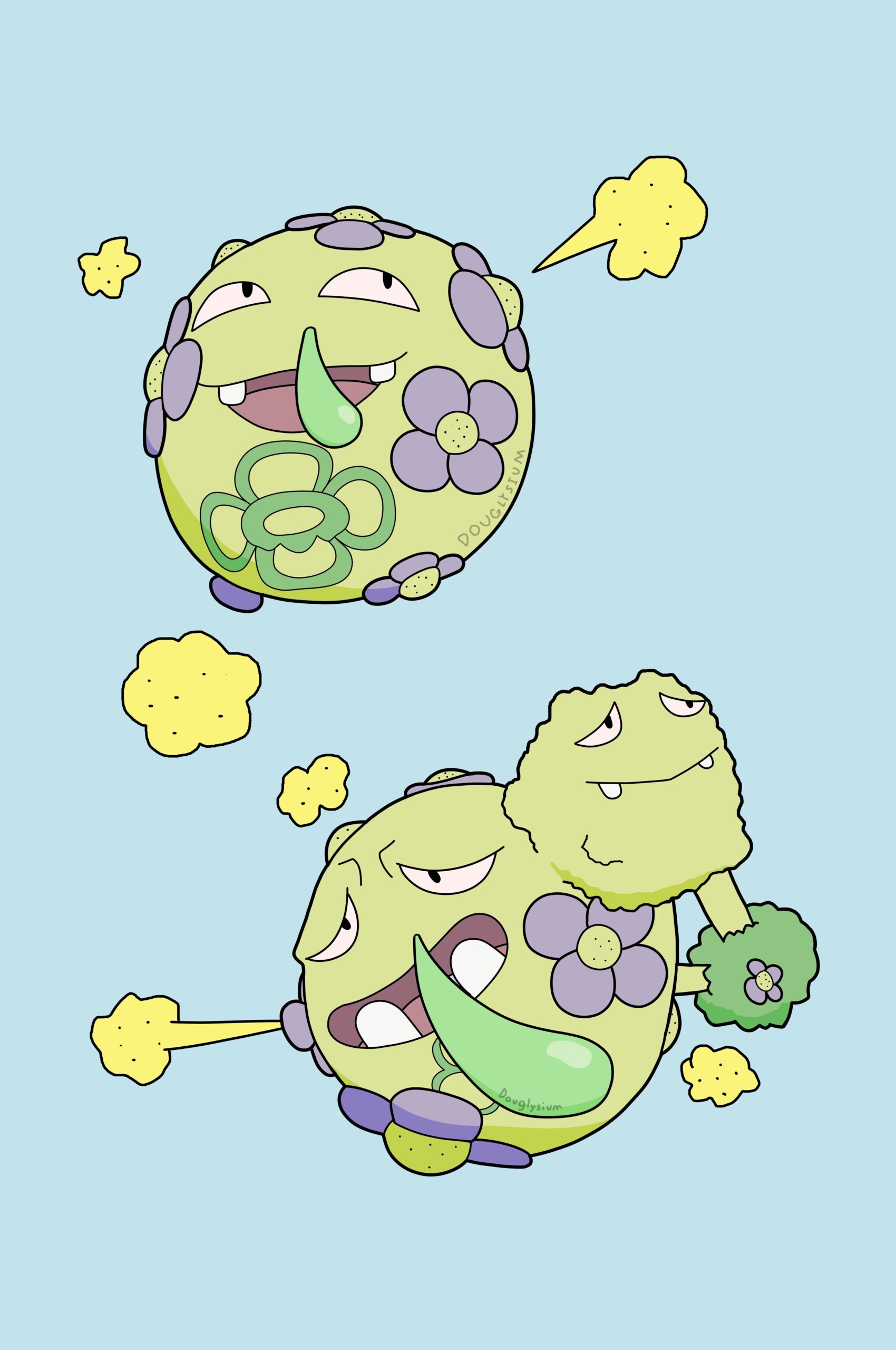 Regional variants of Koffing and Weezing. They look quite similar to the ones we all know and love except they are a sickly yellow-green and have purple flowers across their body that spurt out irritating pollen in place of gas. They both have rounder teeth then the Kantonian forms and both have smiles with a glob of snot hangs from their… nose? Face? Somewhere where I think nostrils could be. Is it even snot? Weezing’s third ball head thing (the one without the face) looks is a bush with flowers.