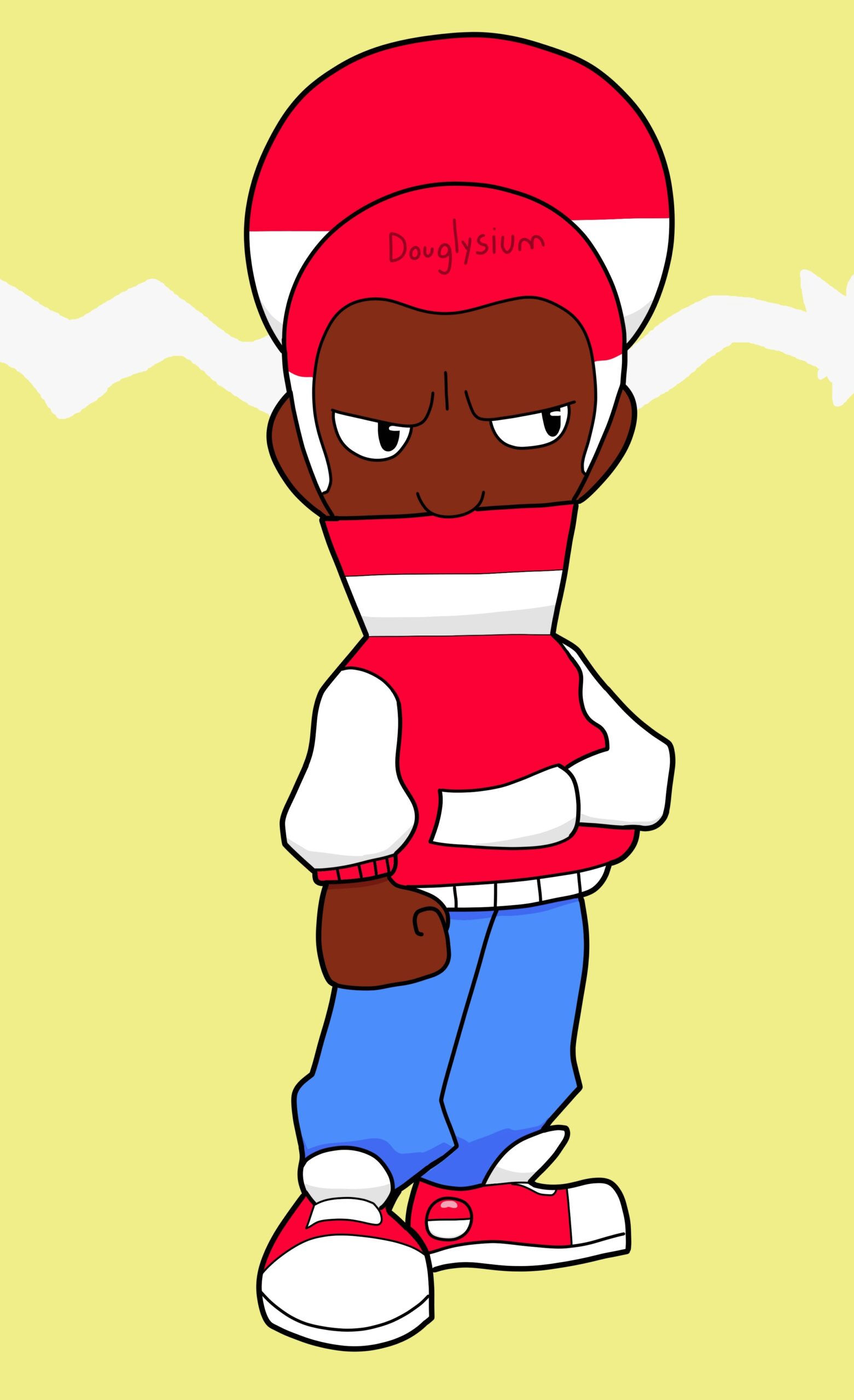 A Pokemon gijinka based on a Voltorb. They are black with an afro that is tied back and colored like a red and white pokeball. They where a hoodie with a color that goes up to their nose, obscuring their mouth, and baggy jeans with red and white shoes. They have an annoyed / angry look that Voltorb is iconic for and their face.