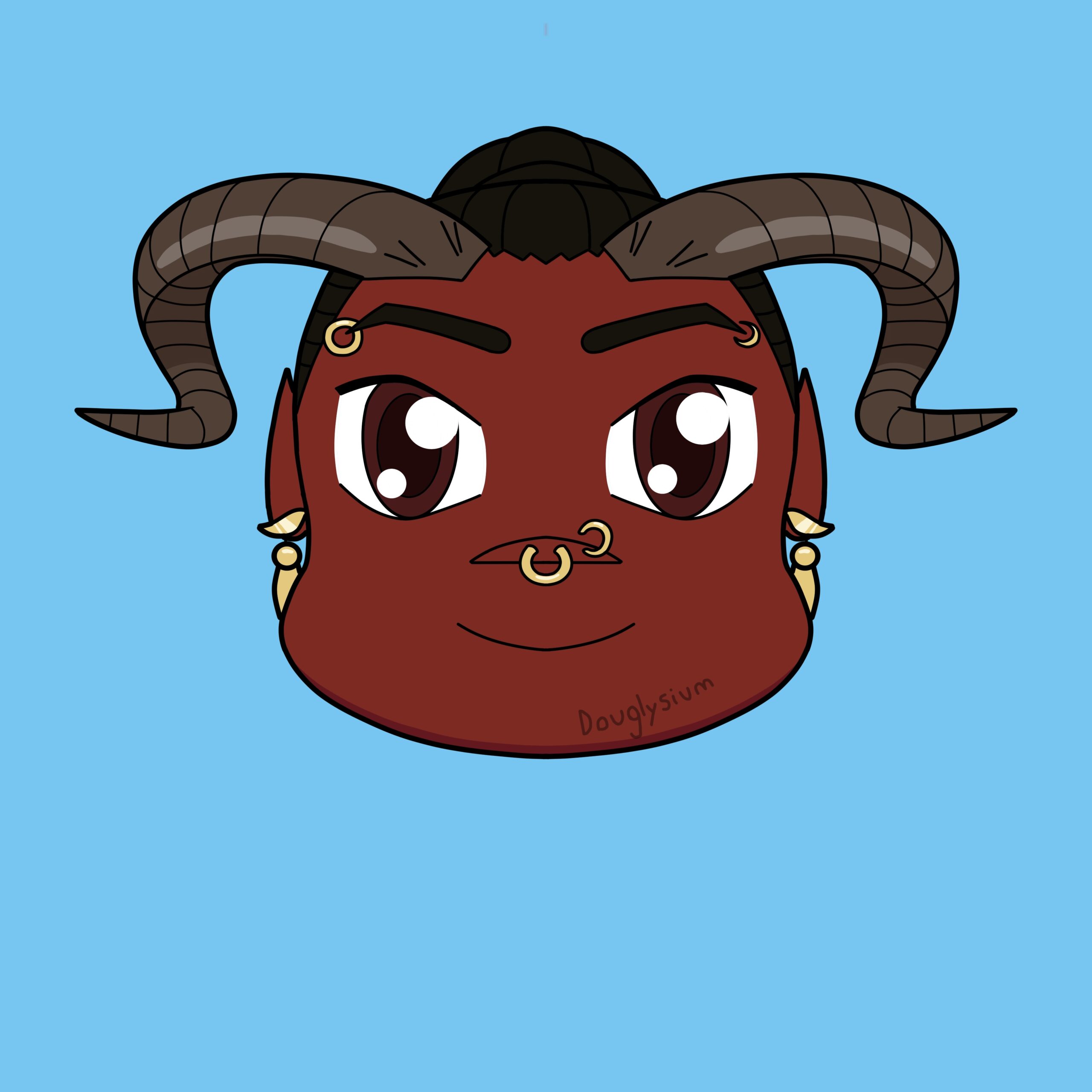 The chibi head of a red-skinned horned tiefling. He has black hair and piercings in his ears and nose.