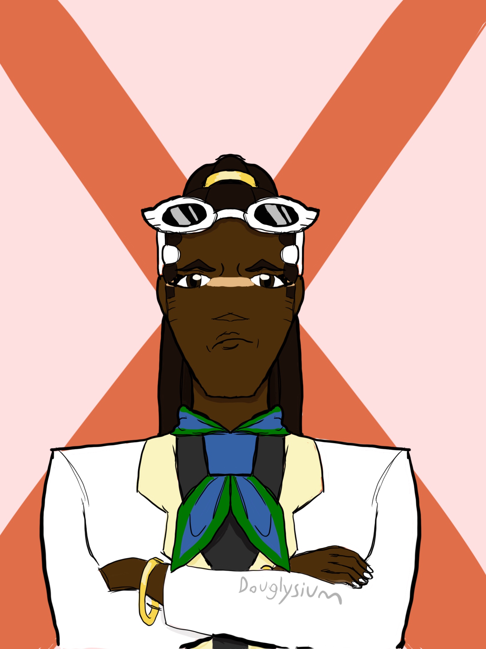 My OC Lily looking at the camera with a crossed look. Her arms are crossed and behind her is an x shape. She is a black woman with a scar across her eyes and the bridge of her nose. Her hair is in the form of dreads done up in a ponytail and she has sunglasses on her head. A green and blue handkerchief sits around her neck and her nails are painted white. She is wearing a white formal coat with light yellow highlights along with a gray shirt under it.