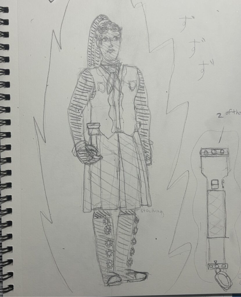 Pencil sketches of my OC Lily (a tall Black woman with dreads in a ponytail) as a character in the Hunter x Hunter universe. She wears a dress and boots with a serious expression as nen, in a state of ren, while it flares up around her. She is wearing a dress with boots. A design for her flashlights is on the bottom right corner of the page.