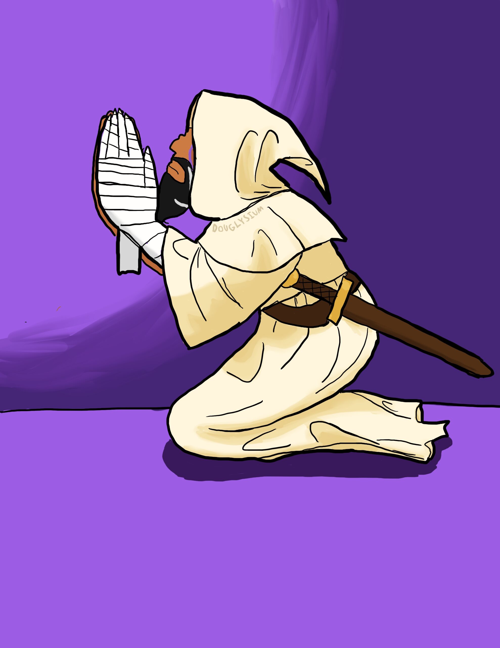 A side profile of one of my OCs praying on their hands and knees. They wear a yellowish robe and have a beard. Purple marks can be seen on the visible portion of their face as well as a line of white hairs on their beard. The reast of their face is covered by a hood and their left hand is wrapped in bandages / cloth. They have a sword on their hip.