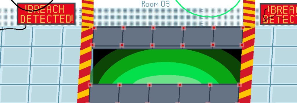 An animated gif (or picture depending on the website this is uploaded to) of a room / lab. It has “Room 03” written on the wall along with a repeating dot pattern. A yellow “!BREACH DETECTED!” flashes on red screens, one of which is cracked. The floor is made up of tiles but separated by two bridges that hug the walls. The bridge is adorned with red hazard lights and below them something glows green in a cavernous abyss. The ends of the breach are marked with slanted red and yellow hazard stripes.