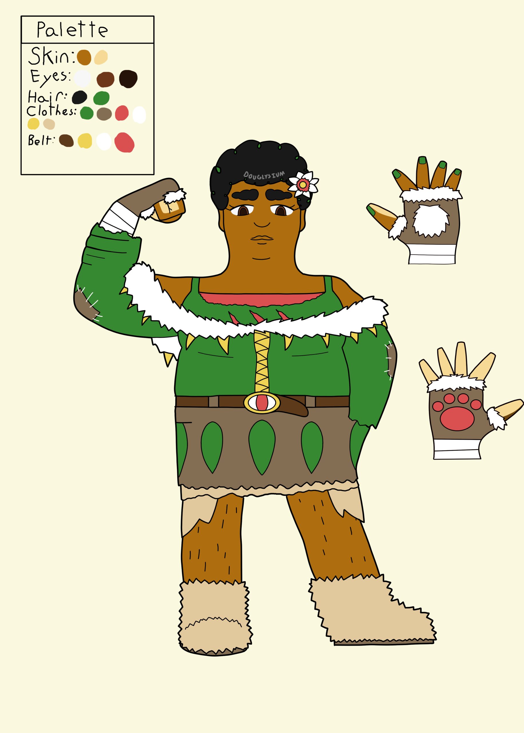 A chubby black woman flexing her right arm. She has curly hair with green dyed spots and a flower in it above her left ear. She has bushy eyebrows and brown skin with a sort of tank top under a coat that hangs off her shoulders. The coat has white fur and brown patches on the elbow but is otherwise green in color. The tank top is green but under it is a light red shirt that peeks out from the top and is exposed from a claw mark shaped opening on the chest. She wears gloves lined with fur that have the parts near the wrist and arm held together by tape. The back of the glove has a tuft of white fur while the palm has a light red paw mark on it. She wears a brown belt with a buckle that resembles the eye of an animal and a brown dress with a row of large green leaf-shaped markings going around it. The bottom of the dress looks torn, exposing a lighter shade of brown under it and some fabric hanging down the sides, and she wears fuzzy brown boots. Her eyes are brown in color and her legs have visible hair on them.