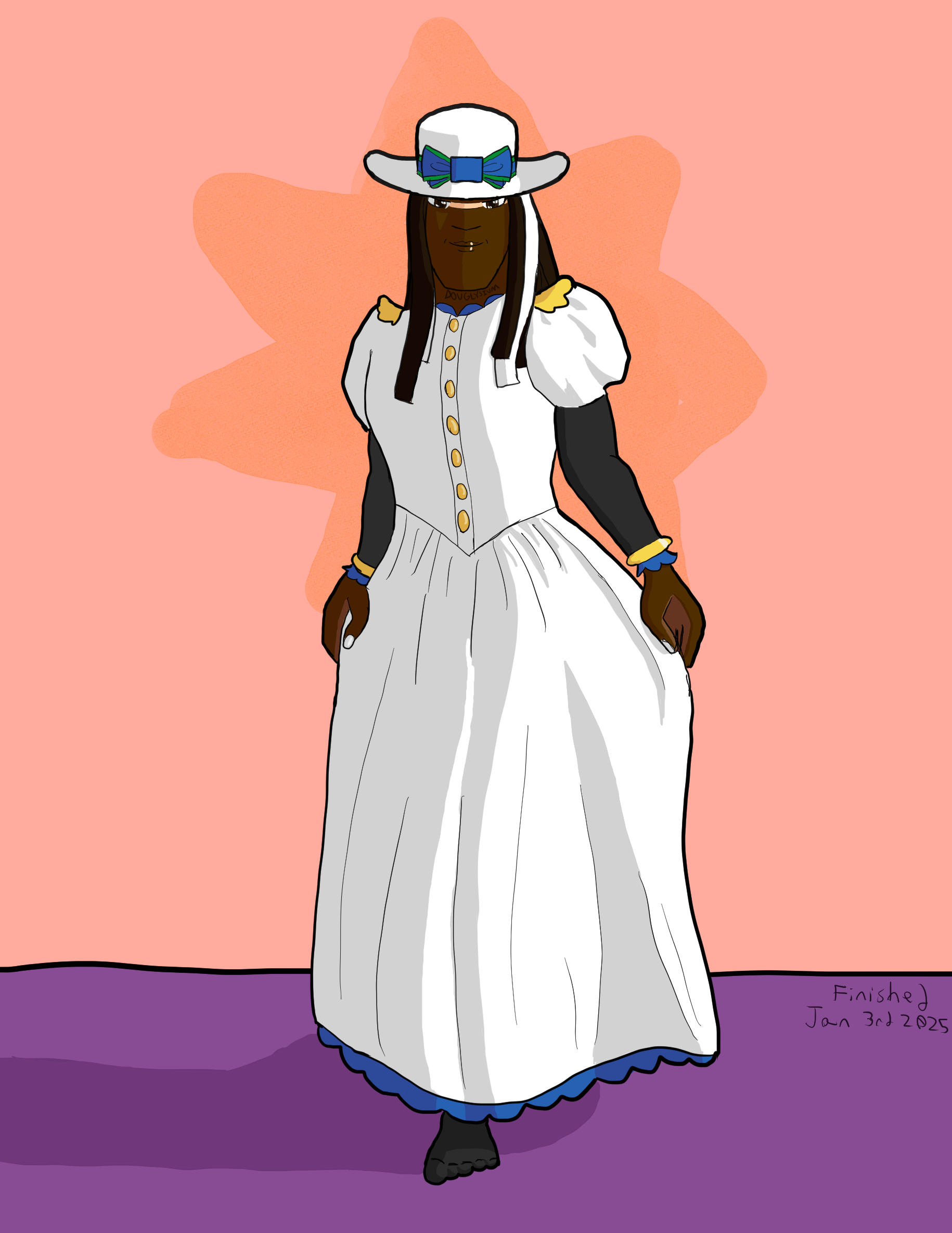 My OC lily wearing a dress. She is a tall black woman with dark brown dreads, of which are dyed white. She is wearing a hat with a sizable rim that flares upward somewhat on either size. On said hat is a bow that is blue with green trim. Lily has brown eyes and a scar across her face. Her dress is white with yellow / gold wing-like designs over the shoulders and buttons going down the center. The shoulders of the dress are puffy while the rest of the sleeve is dark gray. The sleeve ends with a bracelet before flaring out into a blue colored frilly / flower esque shape. The dress continues to go down to Lily’s ankles and ends in blue frills. She is taking a step forward with her left foot as she holds the dress up somewhat at the sides with her hands. The floor is a simple purple while the background is a sort of pink with an orange star / splash like pattern behind Lily’s head and torso.