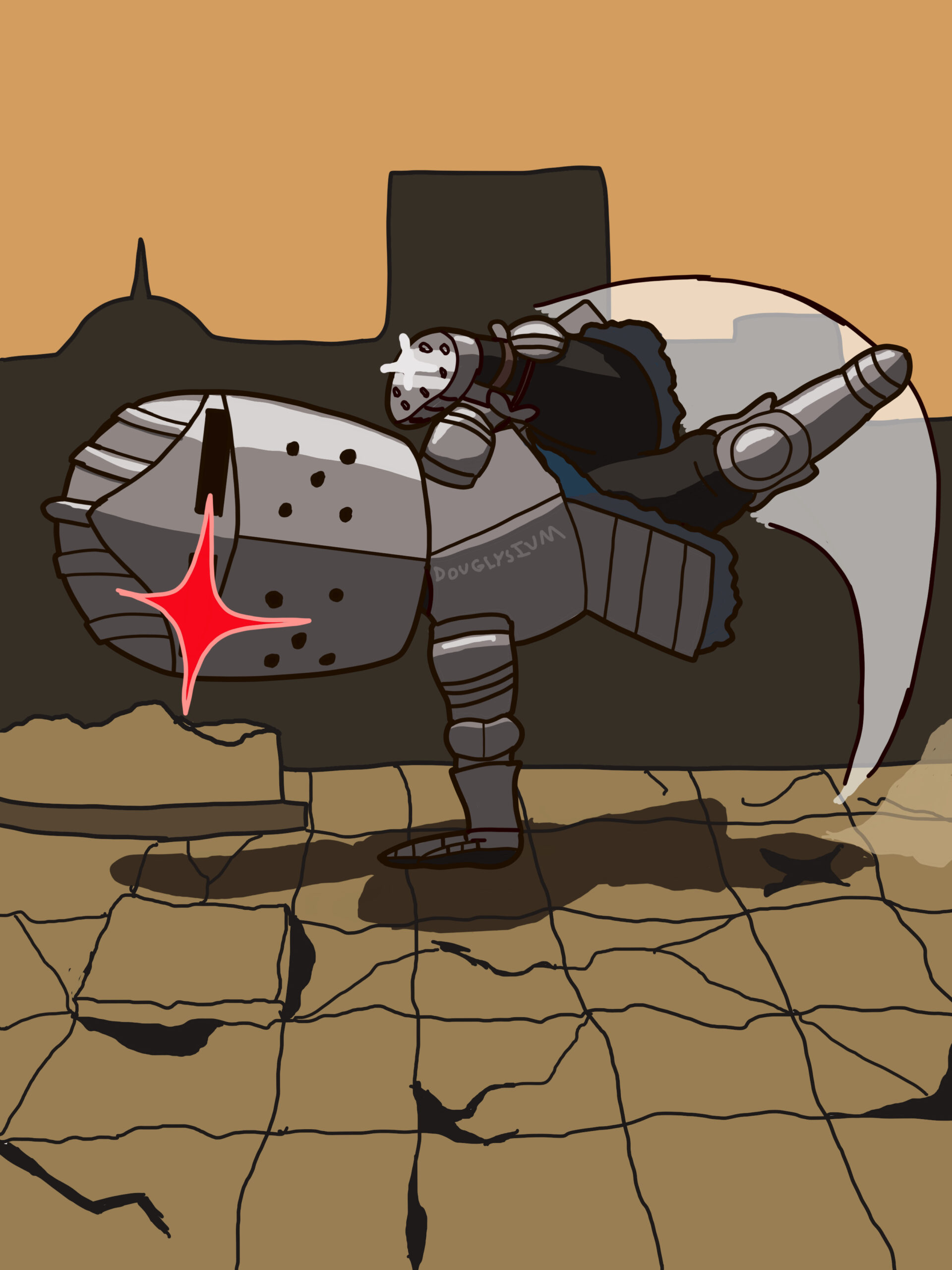 A chibi person wearing silver knight armor doing a capoeira move. They have one hand on the ground with both feet in the air while one hand holds their left leg as their body is angled almost parallel to the ground, with their lower body being slightly raised up. A red glint shines from the right eye hole of the helmet and a sparkle shines from their left foot. Movement lines along with a cloud of dust allude to the motion used to kick their lower body off the ground. The environment looks like old ruins with a brown rustic ground and the shapes of buildings in the background.