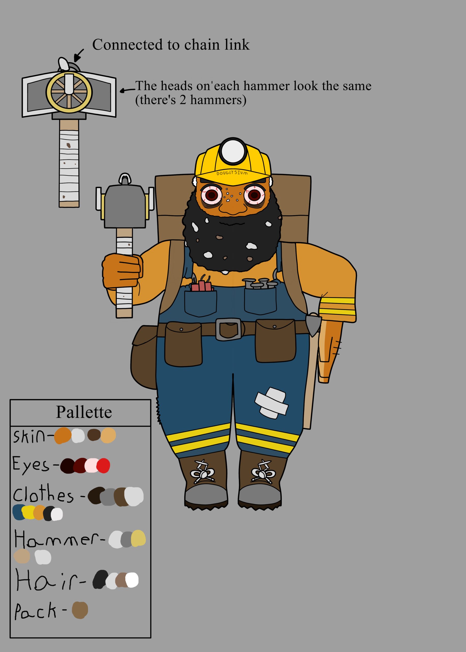The first image is a ref of John’s front side. In contrast to what someone may first expect, he is a muscular but squat man that resembles a dwarf. He has a curly black beard full of rubble and metal shavings with brown skin and silver freckles like flecks of metal on his face. On his head is a mining helmet, complete with a flashlight, covering a hairline that is receding and turning a shade of white from stress. He is wearing a mining uniform that is orange with blue overalls. The sleeves on the arms and legs of the uniform have yellow reflective stripes for visibility. The overalls have front pockets with dynamite in one and rail spikes in the other. He wears brown steel-toed boots as well as a belt with extra pockets. In his right hand is a hammer with a strange head and his left hand is on a pickaxe at his hip. His hammer’s head has a strange train wheel-like design on its sides with pipes sticking out of the wheels’ center and pointing up. Its handle is wooden and more worn than the head. John’s hands have visible hair on the back of them and he has wide tired looking bloodshot eyes with bags under them. He is clearly being overworked and stressed while wearing an oversized backpack on his back. In the bottom left of the image is John’s color palette for reference.