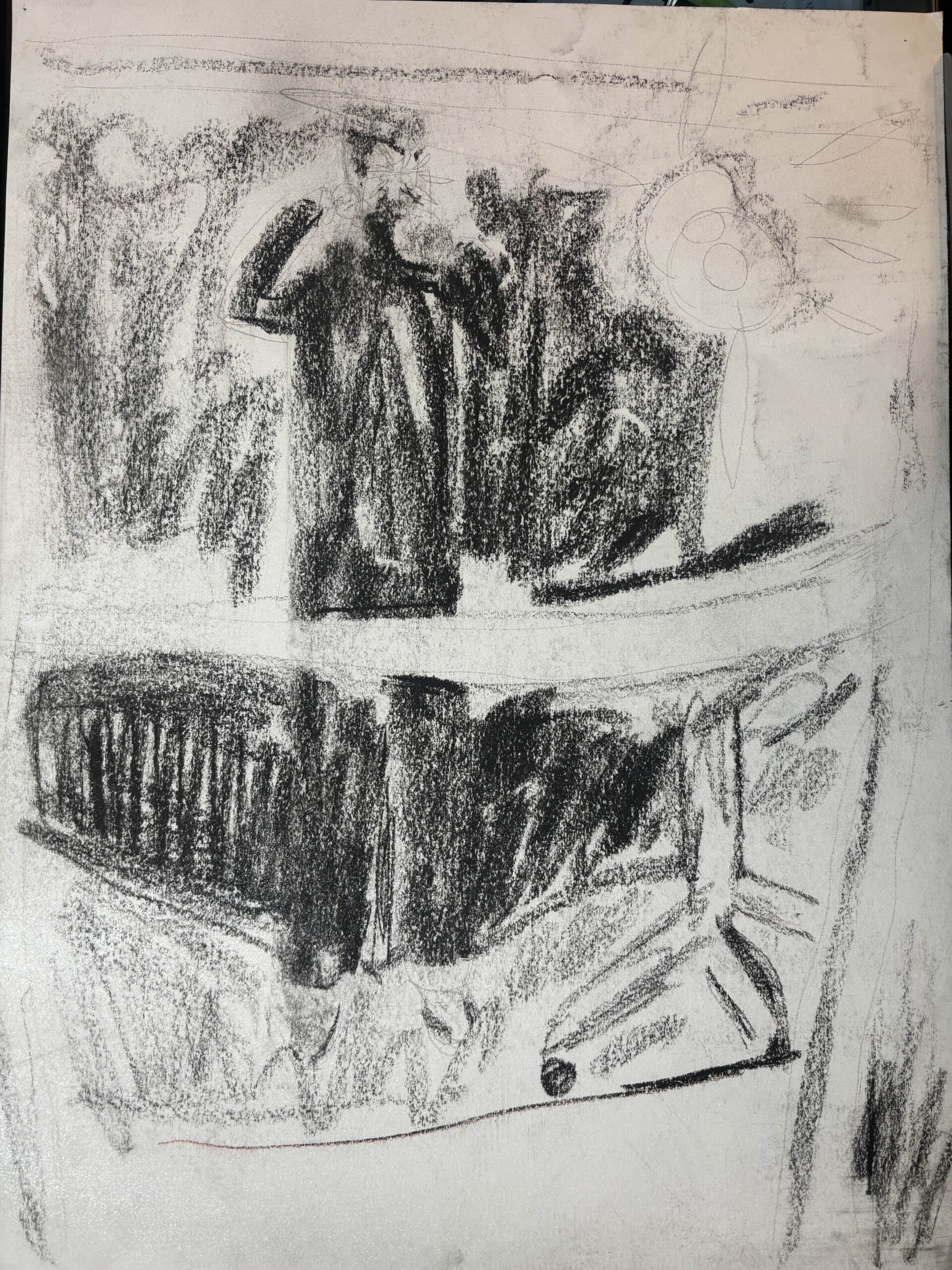 A messy charcoal drawing depicting a shadowy figure taking a picture of themselves reflected in a mirror.