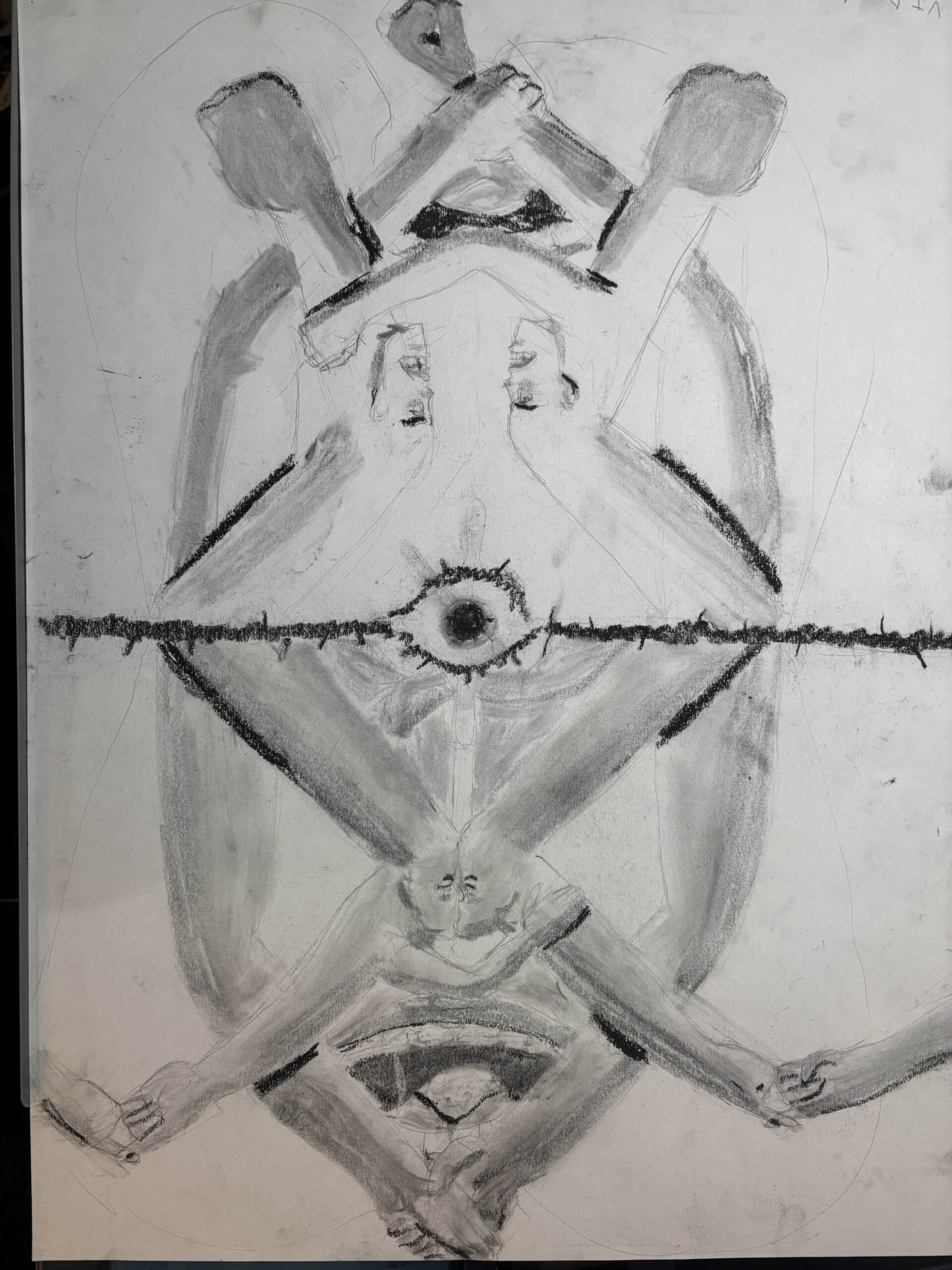A charcoal drawing with an eye in the middle. On either side of the eye is a ragged line meant to resemble eyelashes bisecting the paper. The bottom half has interlocking arms and elbows with faces that are kissing. There is a mouth near the bottom framed by a handshake and on either side of the lower portion are hands holding each other. The top part of the drawing also has interlocking arms but with more violent imagery. One of the strange faces on an elbow is strangling the other and one of the arms near the mouth is grabbing the wrist of the other ehile the other two hands are balled into fists.