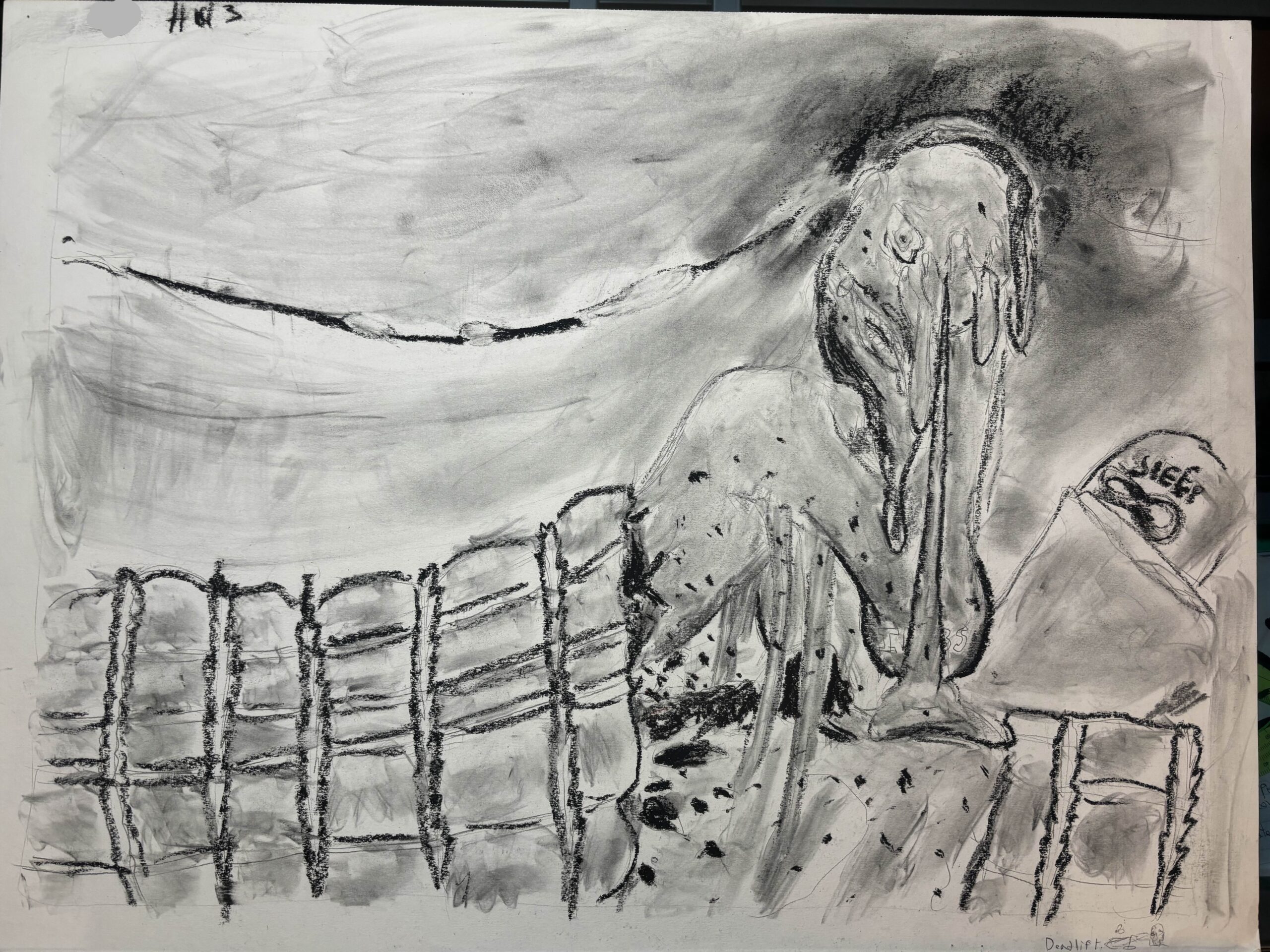 A drawing of a Black man that resembles me trying to pull themselves out of bed. Their torso is lifted up with a hand on their face while the rest of their body lays under a blanket. Their face is melting while their melting hand tries to hold it together. The elbow of the arm being used to hold the face is bulbous and weighty while the other arm is being used to lift the figure up. The blankets of the bed also resemble a crushing dirt and grass with bits of soil dropping onto the bed it covers. As the figure rises up and trails of their own body seem stuck to the bed like a viscous fluid. Behind the figure’s head is a dark shadowy form like a distorted halo of darkness and from it extends a warped line across the drawing that curves down before moving back upward, as if something is weighing the line itself down. The line has tears in it and next to the figure’s “bed” is a gravestone.