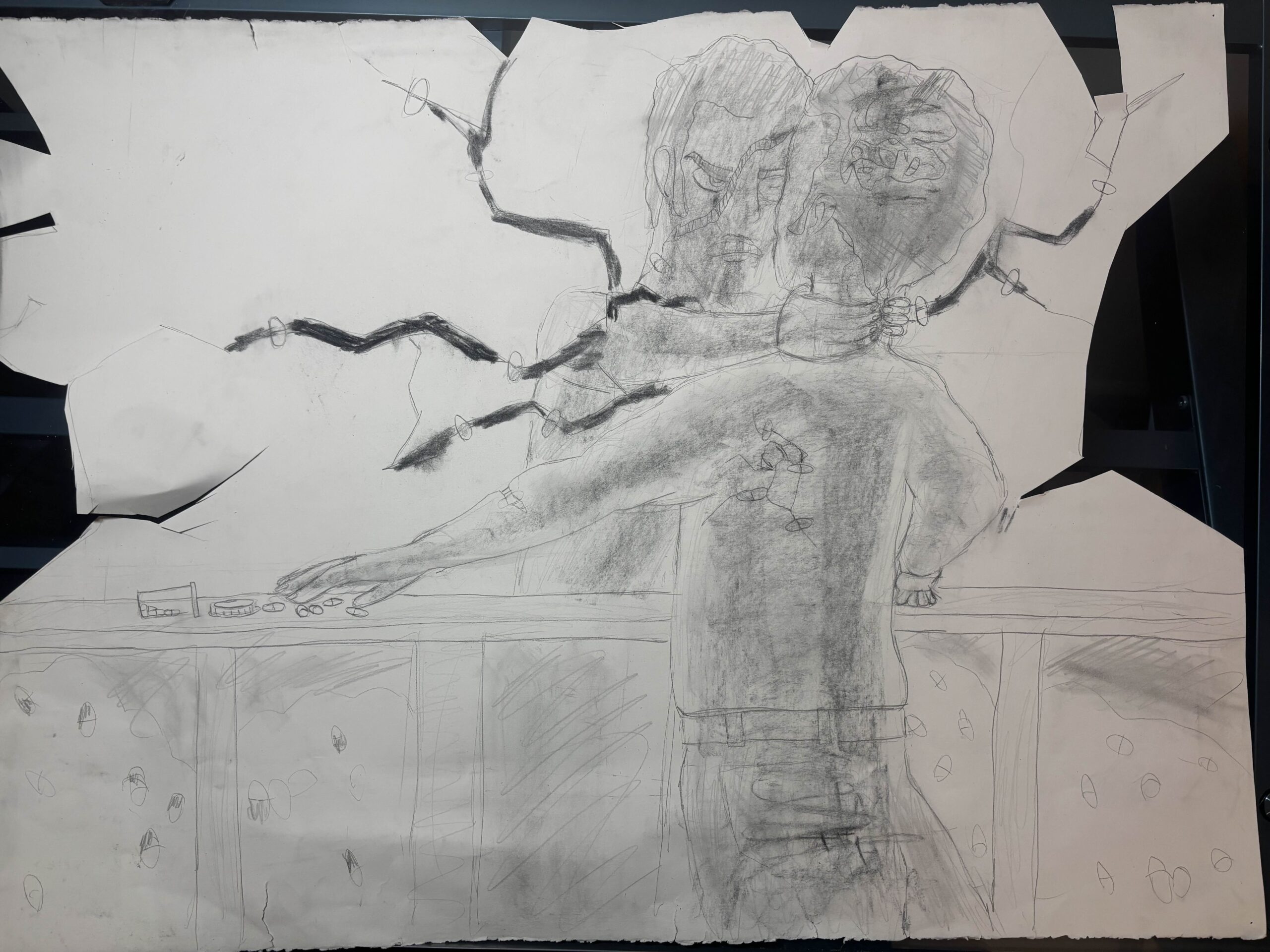 A drawing of a Black man resembling me. The edges of the paper were cut up withscissors to resemble cracked and shattered glass and the drawing depicts the reflection of the man reaching through the mirror and strangling his counterpart, cracking and breaking the glass in the process. The man in the real world is reaching towards some pills as he struggles against the strangulation of his reflection.