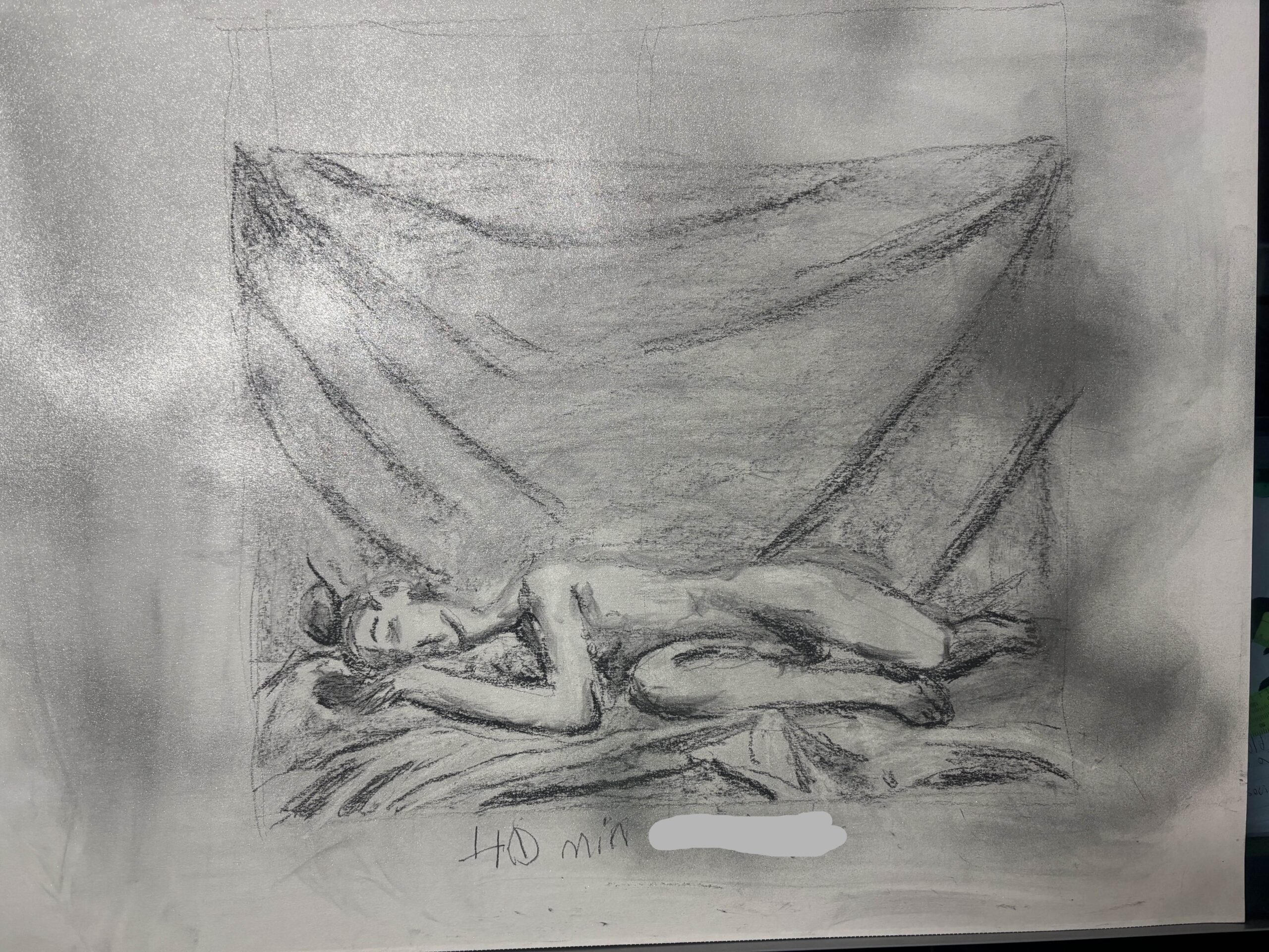 A drawing of a woman laying on her side on top of a blanket. Behind her is another blanket hanging down from the wall.