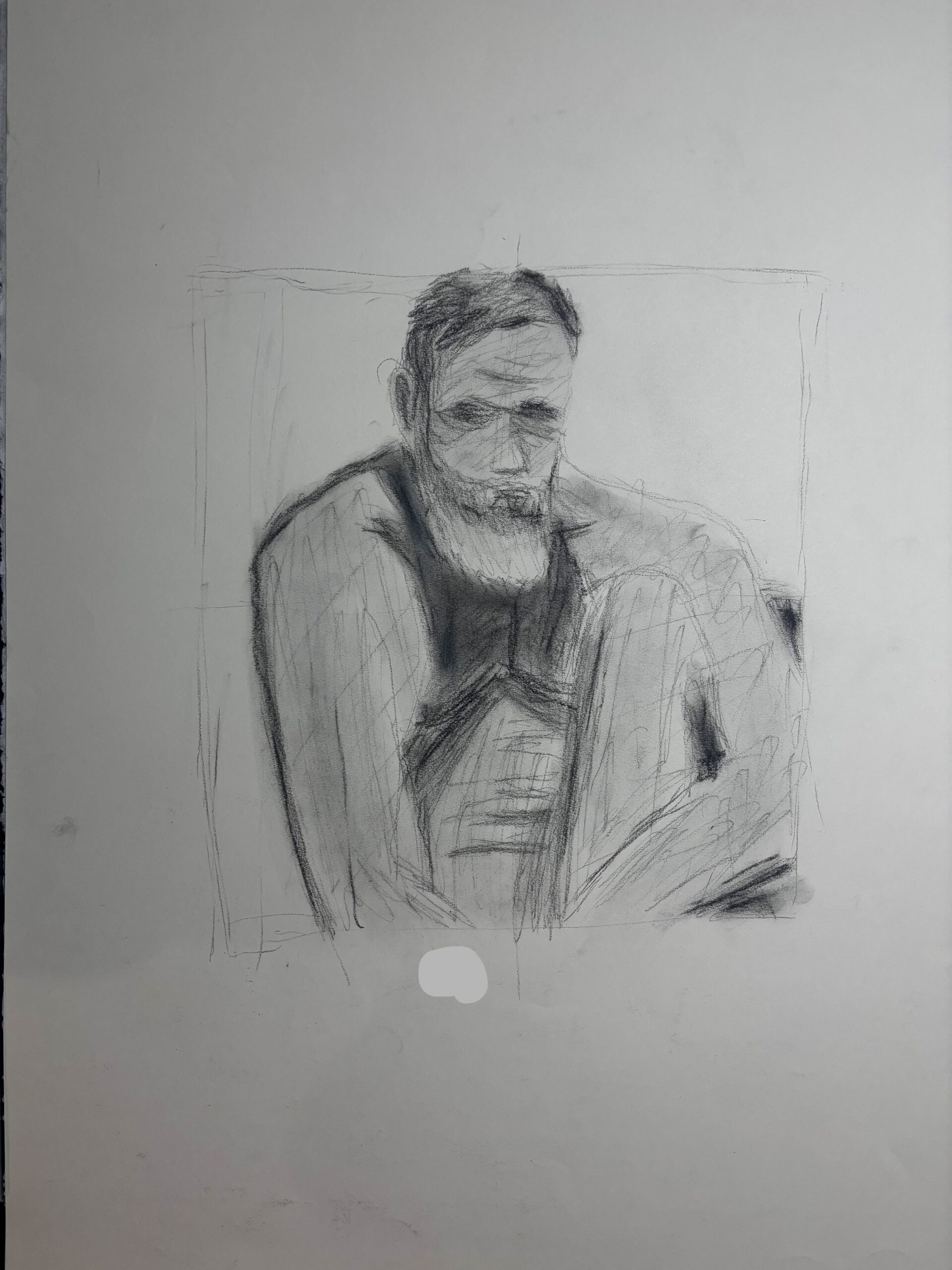 A drawing of a bearded man from the upper stomach up with his left knee pulled up to his chest.