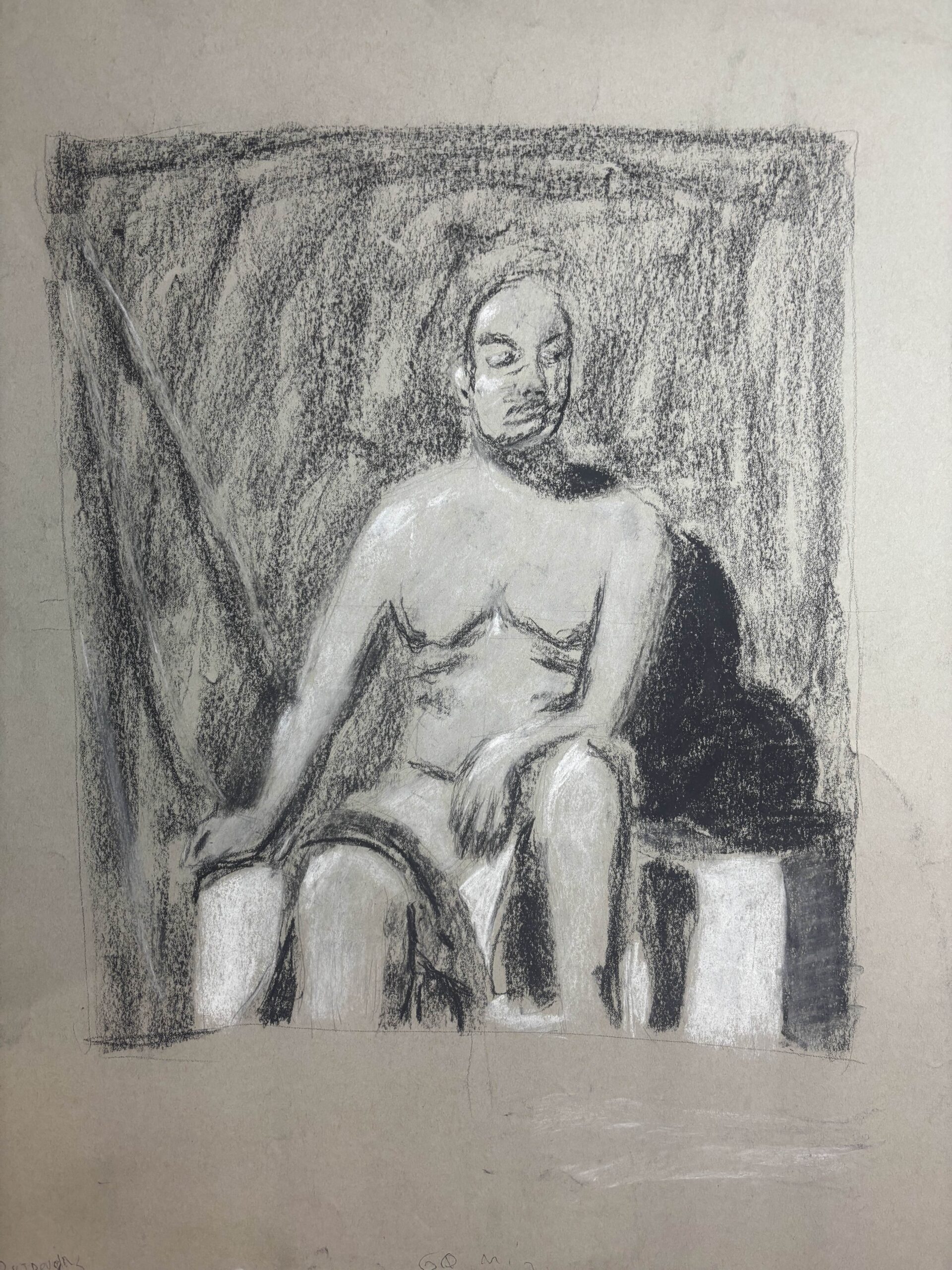 A drawing of a man sitting on a podium with a blanket on the wall behind him.