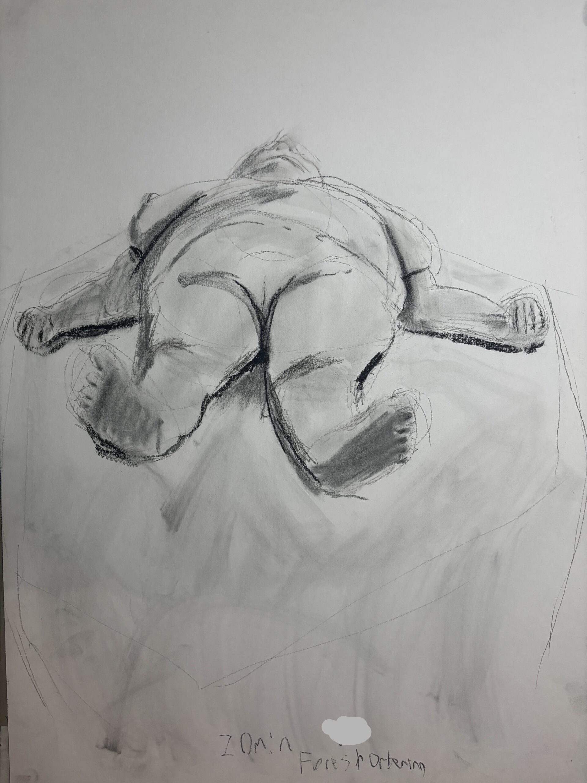A drawing of a woman lying down face up from under her feet.