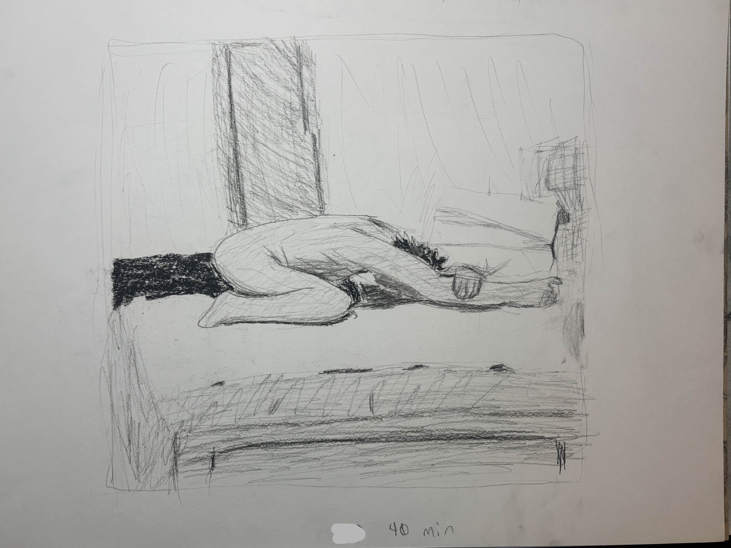 A drawing of a woman laying down face up as seen from the top of her head facing the viewer.