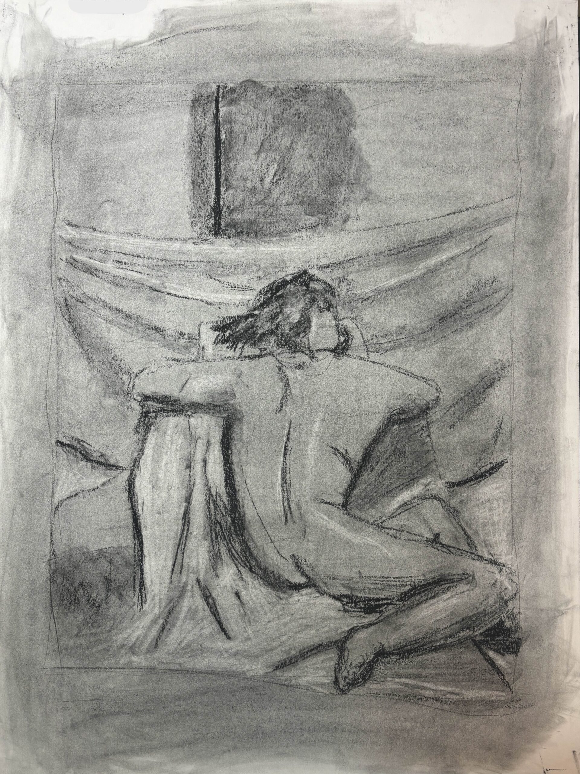 A drawing of a woman that has her back facing the viewer as she rests her head on a blanket draped platform. There is a blanket covering part of the background as it hangs from the wall.
