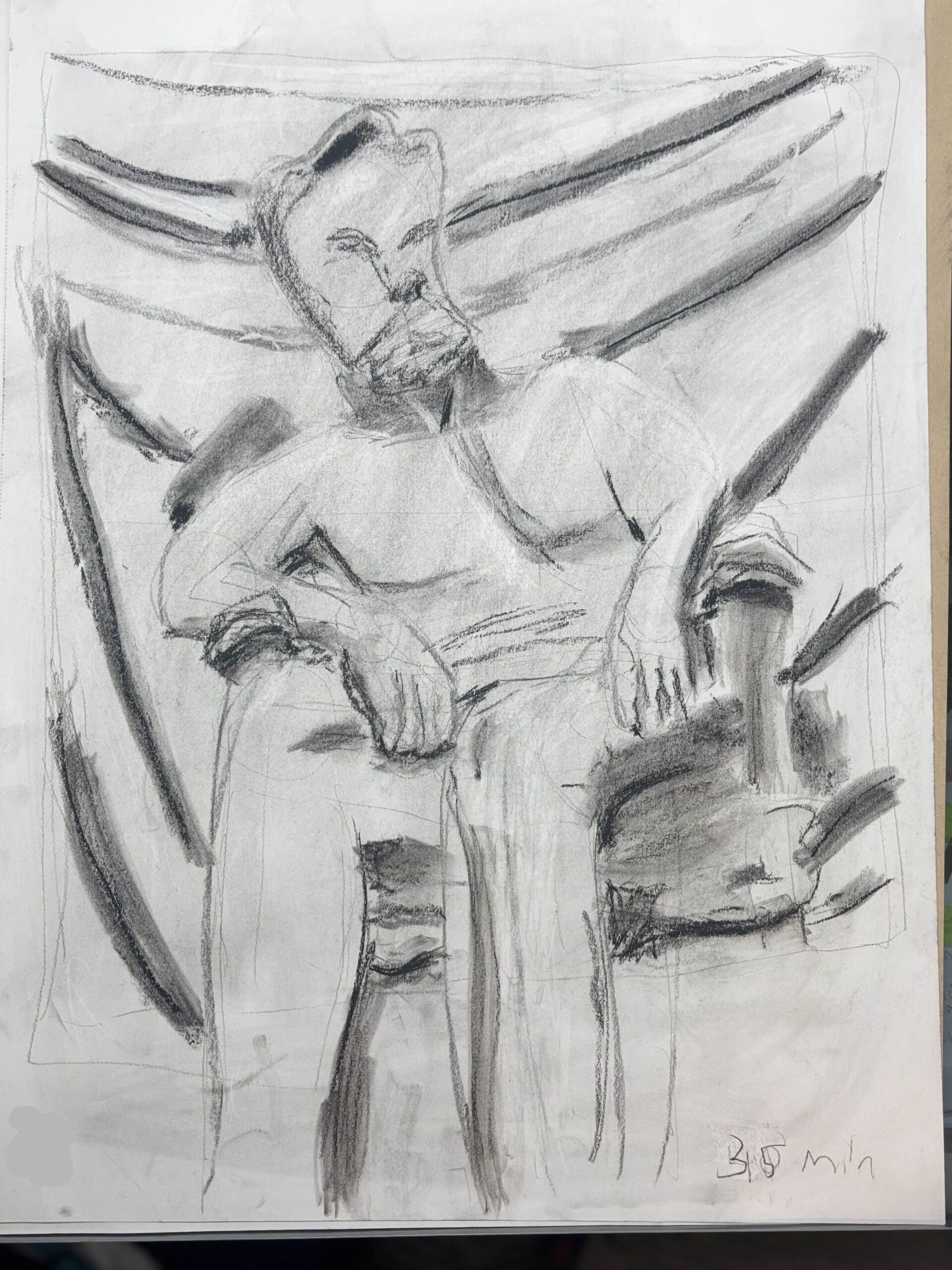 A drawing of a man sitting down. His right knee is up and his right arm is resting on it.