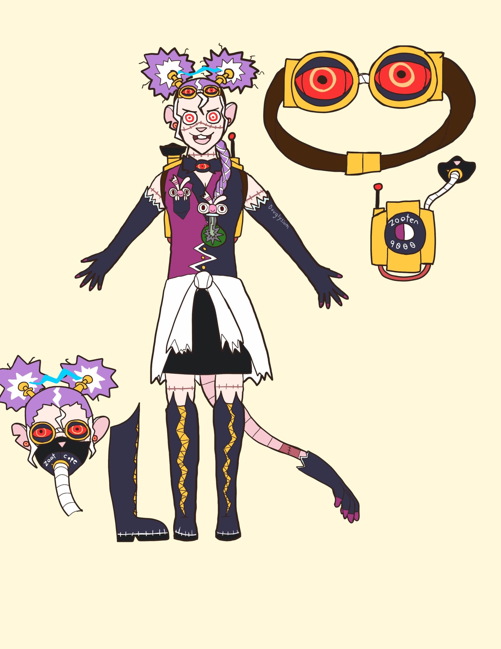 A design of the Vtuber Mich Mochievee as a mad scientist. In the design she has spiky hair tied into two spiky pony tails bound by some device crackling with lightning. Large and round cartoonish eyes with red rings around their red iris and pupils, goggles that look like red eyes, a sleeveless long collared shirt that is purple on the Michi’s right side and black on her left with a lightning pattern bisecting the shirt down the middle. She has gloves that go up to her upper arm, an office skirt with a lab coat wrapped around her waist. He has thigh high boots and the tail of a rat. Said tail has a limp glove worn half haphazardly on its end. The boots have a sipper design meant to resemble a lightning bolt