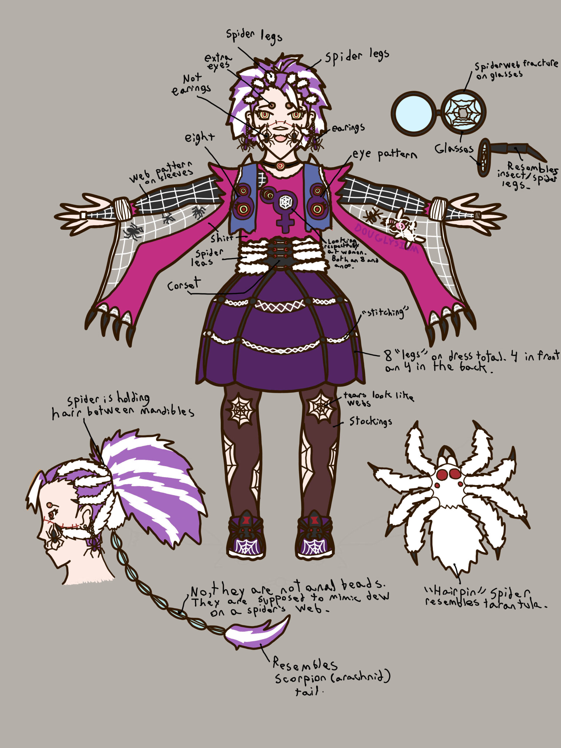 A design for a contest hosted by the Vtuber Michi Mochivee. In this outfit she has a messy purple ponytail with white stripes held together by a white spider on the back of her head, with its legs visible from wrapping around the back of her head. She has pale skin and an extra set of eyes near her eyebrows. Spiders hand gown from her ears and a scar on her face while her eyes are yellow with a red stripe around the pupil. She’s wearing a pink sweater under a sleeveless blue denim vest that has the letter 8 on either side with eyes in the place of holes. The sweater has had the part from below her chest ripped off and her hands go through holes that have been ripped in the sweater, while the sweater’s sleeves hang below her actual arms and are held aloft by webs. Around her stomach and midriff is a corset hugged by the legs of a spider. The black sleeves on her arms have white webbing and around her wrist is a spool of thread, with a much smaller one acting as a wring on her middle fingers. The webbing between her arms and sweater sleeves has spiders and a trapped representation of her chat. Her dress is purple with spider legs. The fabric of the dress is broken up into three horizontal portions held together with web shaped like stitching. On Michi’s chest is the symbol for venus / woman combined with an infinity and eye symbol. Her stockings have tears shaped like spider webs and her shoes have black spiders in the place of a shoe tongue. Between its front legs, at the front of the show, it holds a spider web pattern. On the rest of the page, there are references for an ornament of beads meant to resemble dew drops hanging down from the spider at the back of Michi’s head. At its end is a tuft of hair meant to vaguely resemble a scorpion’s stinger. There is a reference for the head spider itself, a fuzzy white tarantula, as well as glasses, the left frame of which has a spiderweb fracture with a hole in the center.