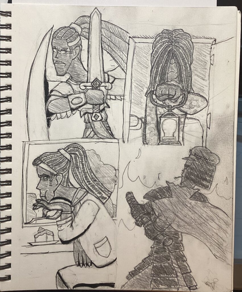 1: A piece of paper broken into four sections. Each section contains a sketch. The top left is Lily as an angel holding a sword while she charges into battle / combat, the one on the top right is a tired looking Lily in pajamas holding a lamp. Her hair is usually in a ponytail but here it falls in front of her face. The bottom left image is Lily eating a cake while looking / thinking judgementally at something off frame. Perhaps she is just reacting to the taste of the food. Lily is a tall Black woman with wide shoulders and a long face. The final drawing is Demon Saber (a Black samurai) getting ready to unsheath her sword. Her back faces the camera and fire rages in the background.
