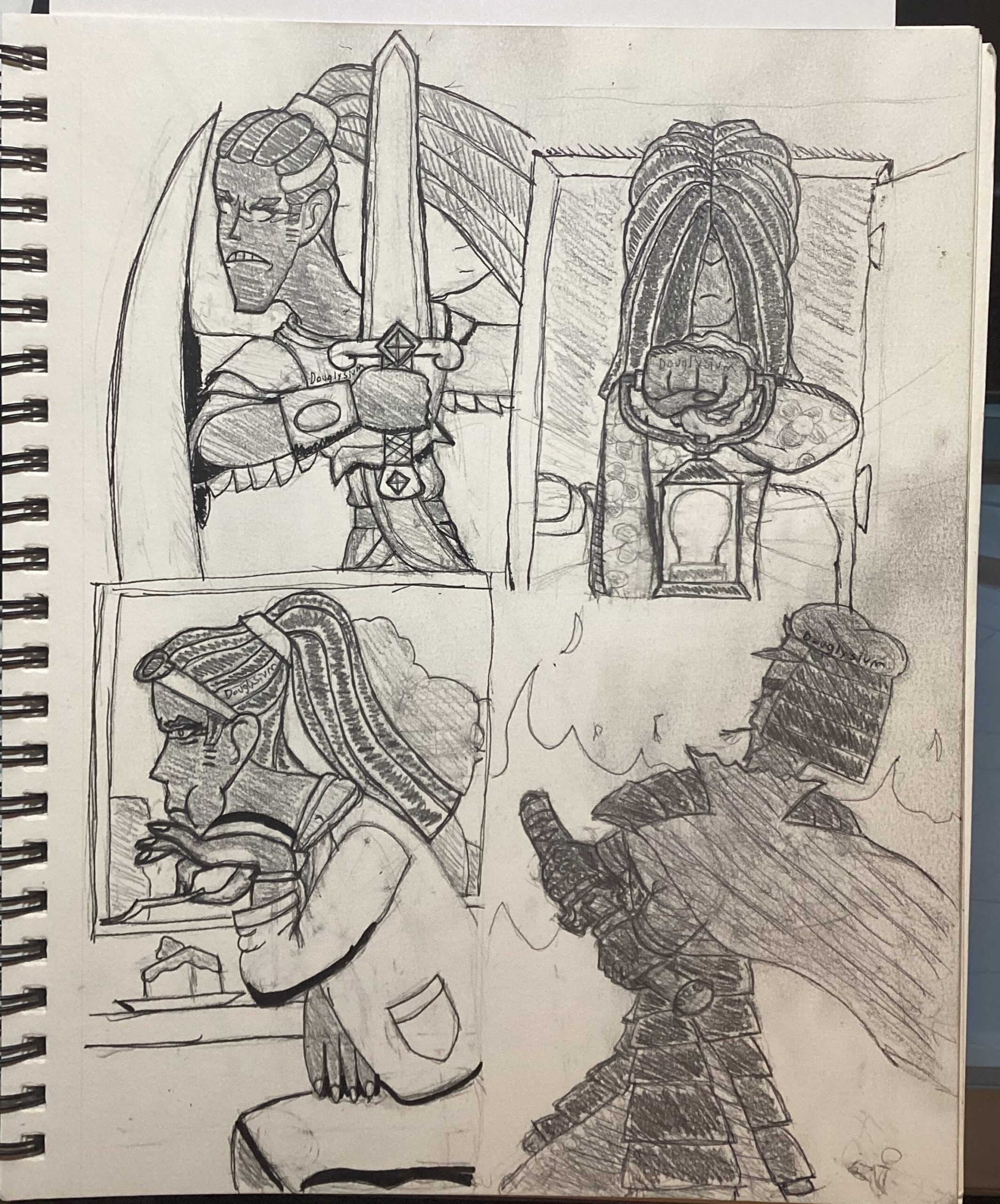 1: A piece of paper broken into four sections. Each section contains a sketch. The top left is Lily as an angel holding a sword while she charges into battle / combat, the one on the top right is a tired looking Lily in pajamas holding a lamp. Her hair is usually in a ponytail but here it falls in front of her face. The bottom left image is Lily eating a cake while looking / thinking judgementally at something off frame. Perhaps she is just reacting to the taste of the food. Lily is a tall Black woman with wide shoulders and a long face. The final drawing is Demon Saber (a Black samurai) getting ready to unsheath her sword. Her back faces the camera and fire rages in the background.