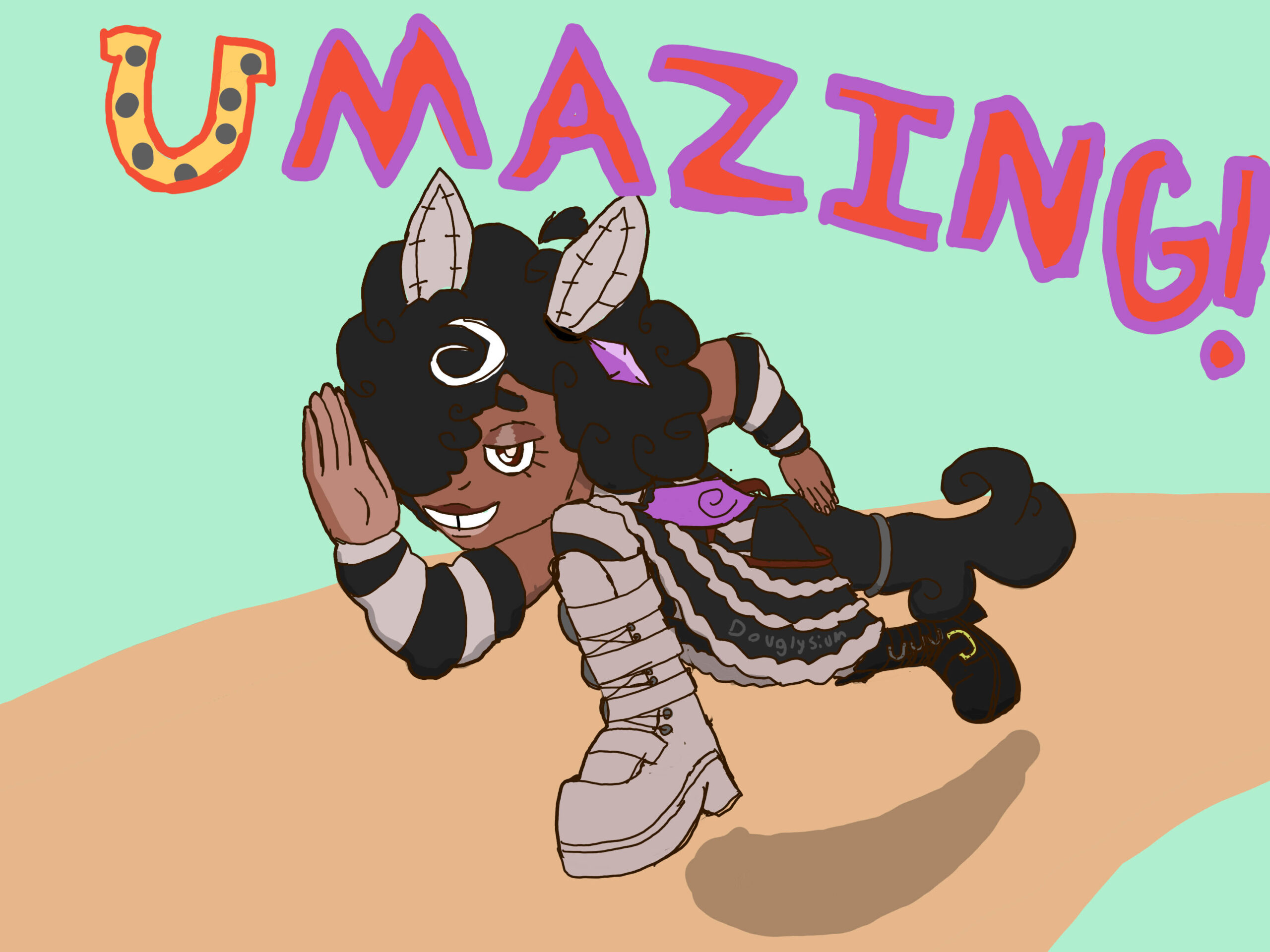1: A drawing of Himarsaka’s OC, a Black trans woman, Amarai Turnquest with her Umamusume design (I forgot her Umamusume name, I’m sorry). She sprints towards the camera wearing a skirt that alternates between gray ruffles and black fabric, boots with straps and buckles shaped like horseshoes, gray ear socks to keep her horse ears warm, with her left ear having a purple gem tied to its base. The front of her afro has a white swirl of hair, and on its top is a tuft shaped like a heart. She has a horse's tail tied together with a metal ring, and her top has a small purple tie. The top is sleeveless, alternating between vertical gray and black stripes, and has a gray color with black frills. Additionally, she has striped gray and black arm warmers on her forearms. Amari runs along a simplified background resembling a path with the words “UMAZING!” above her head.
