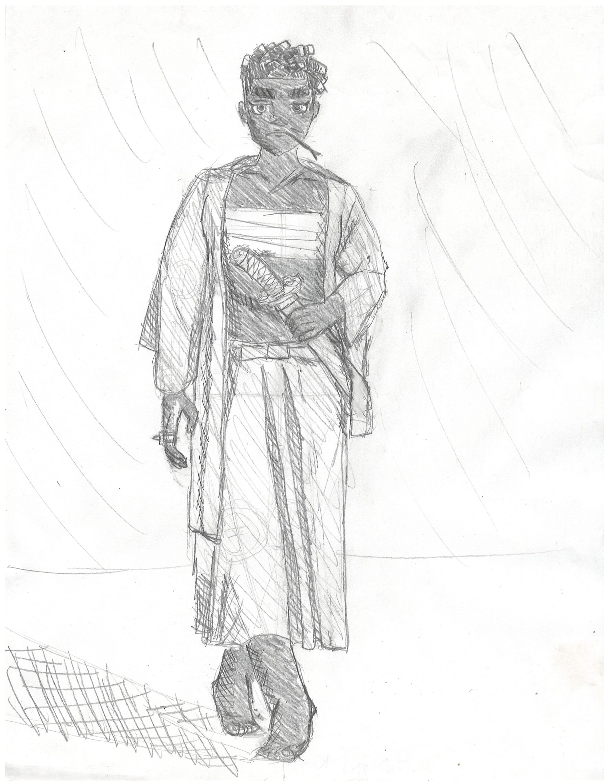 My Fate OC Demon Saber (Yasuke) with one foot in front of the other as she unsheaths the wakizashi in her left hand. Her right hand hangs at her side, adorned with a spikey brass knuckle while a piece of grass sticks out of her mouth. In this piece she is wearing what I believe to be some type of kimono (I’m not 100% because I was just drawing what the model was wearing in the original ref). Demon Saber is a tall Black woman with thick eyebrows and short dreads that resemble the “Killmonger cut” as some would put it.