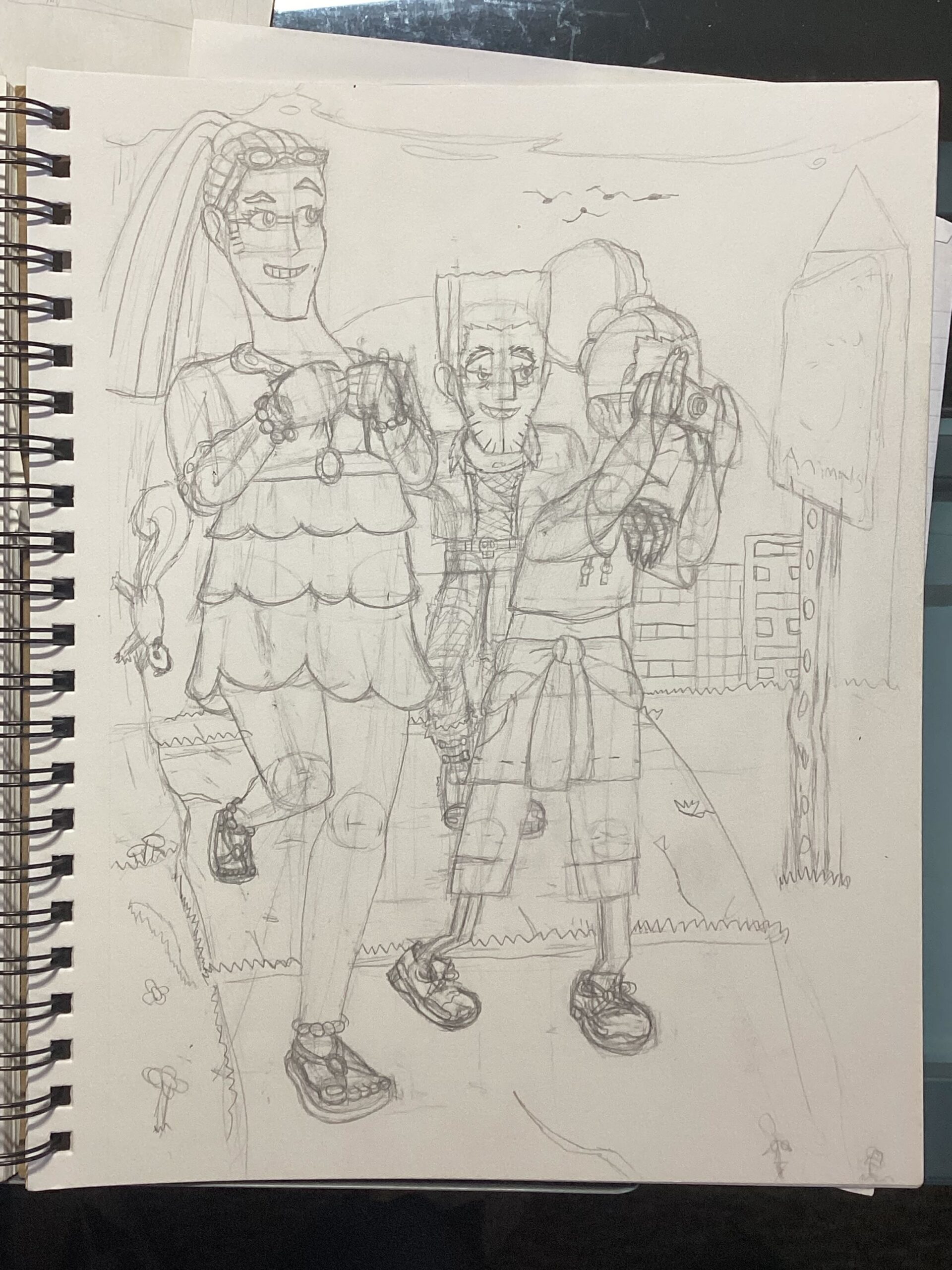 1: A pencil sketch of my OCs Lily Blanche, Viola Blewett, and Blake Protea walking. Lily is to the viewer’s left, Viola the right and Blake behind them as they walk down a sidewalk. On the right of the image there is an old sign and a city can be seen in the background. To the left of the image is a tree with a squirrel on it. Lily is a tall Black woman with a long face and broad shoulders that has dreads held in a ponytail. On her head are sunglasses and she is wearing a short-sleeved vest over a sort of striated dress. She has sandals on her feet. Viola is taking a picture with their camera and they are wearing a short sleeved crop top hoodie with an undershirt. Around their waist they have tied a raincoat and they are wearing shorts with some legwear under them. In place of their feet are crossfit prosthetics in some kind of sneaker. Black is a nonbinary Black person with a pointy nose and glasses that has their afro tied into an afropuff. Blake is wearing a crop top collared leather jacket that has ragged edges over a fishnet shirt. His shorts are torn at the end and he is wearing boots that are fuzzy at the top. Blake is a black transman with a flat top.