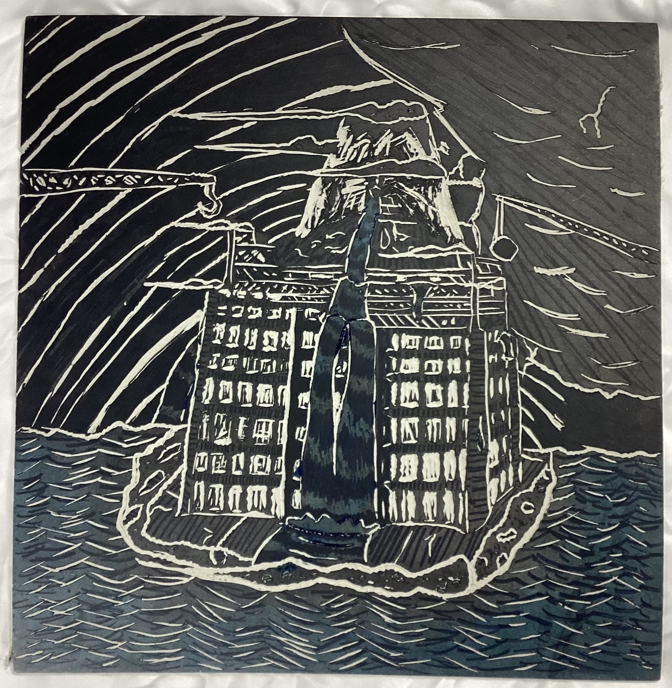 1: Ink in a linocut carving depicting a modern building being constructed around an older Greek inspired building that itself has an old mountain jutting through it. The structures all sit on an island and are all being eroded by wind and water. Cranes and structures depict the modern building constantly being built up and repaired as it is eroded by time. The sky has the clouds of a storm and streaks meant to resemble stars quickly moving through a night sky, as if you are watching footage being sped up.