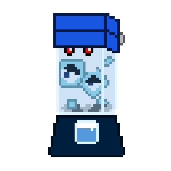 1: A character named Blue Blender. It’s a cartoonish rectangular blender with a blue lid and some sort of button containing fluid at its base. Its base is a darker shade of blue. Inside the blender are 2 ice cubes with an eye each to create a pair of angry eyes. In addition, the blender machine itself has a pair of robotic red eyes.