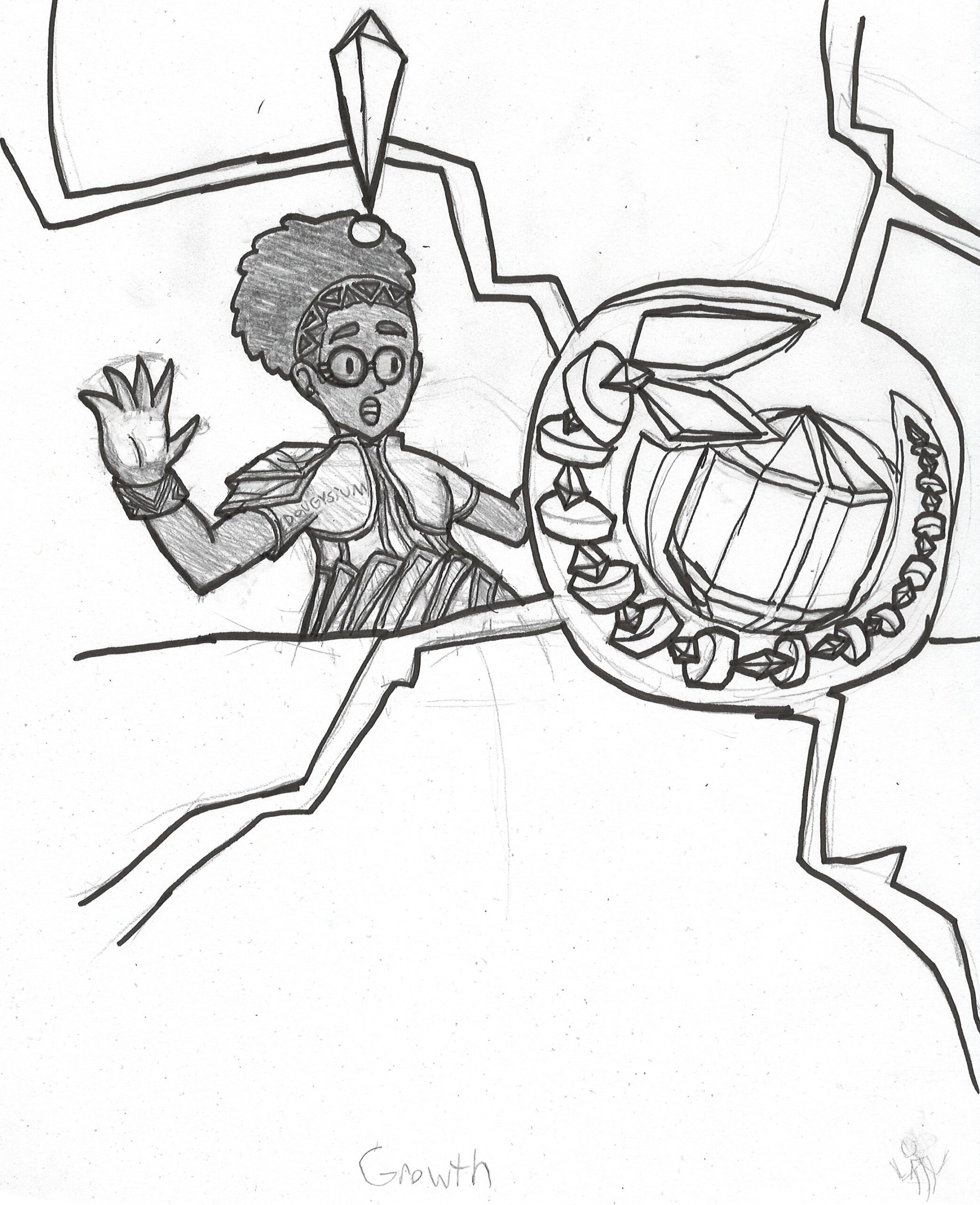 1: A pencil drawing with inked lines of Zimone Wola from Magic the Gathering (a short Black woman with glasses, and curly hair tied into a ponytail, looking at a strange fractal creature orbiting a strange geometric shape as lightning shoots from the orb surrounding the two in every direction. Zimone’s expression is that of surprise with a geometric exclamation mark above her head.