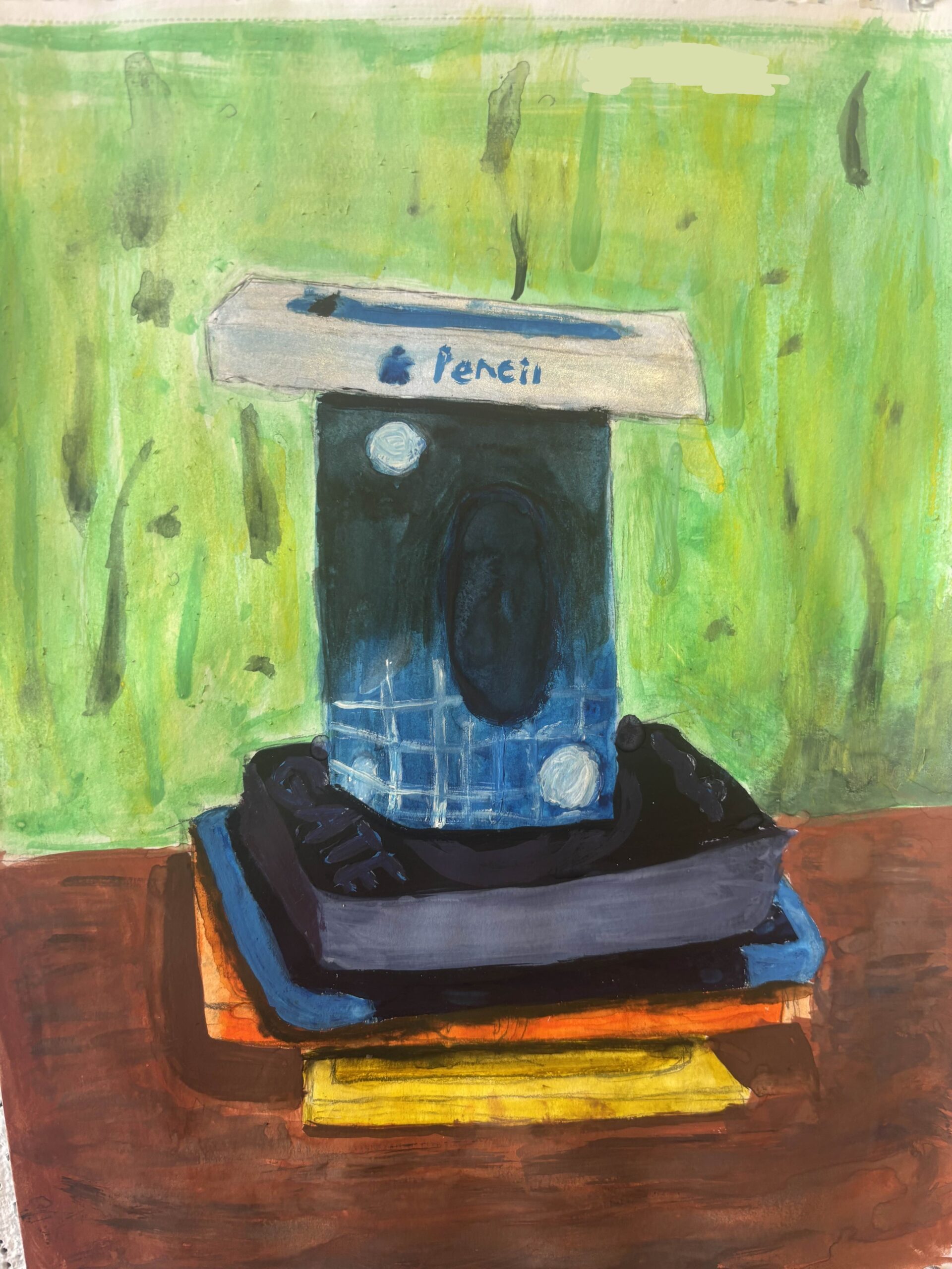 1: A picture made using pastel, crayons and watercolor depicting an assortment of objects stacked on each other. (From bottom to top) a yellow Japanese workbook, an orange Japanese textbook, a blue Ipad, a blue and white box of unopened gloves turned on its side, and a white and blue apple pencil box. They stack sits on a brown table with a green wall covered in stains of some sort behind it.