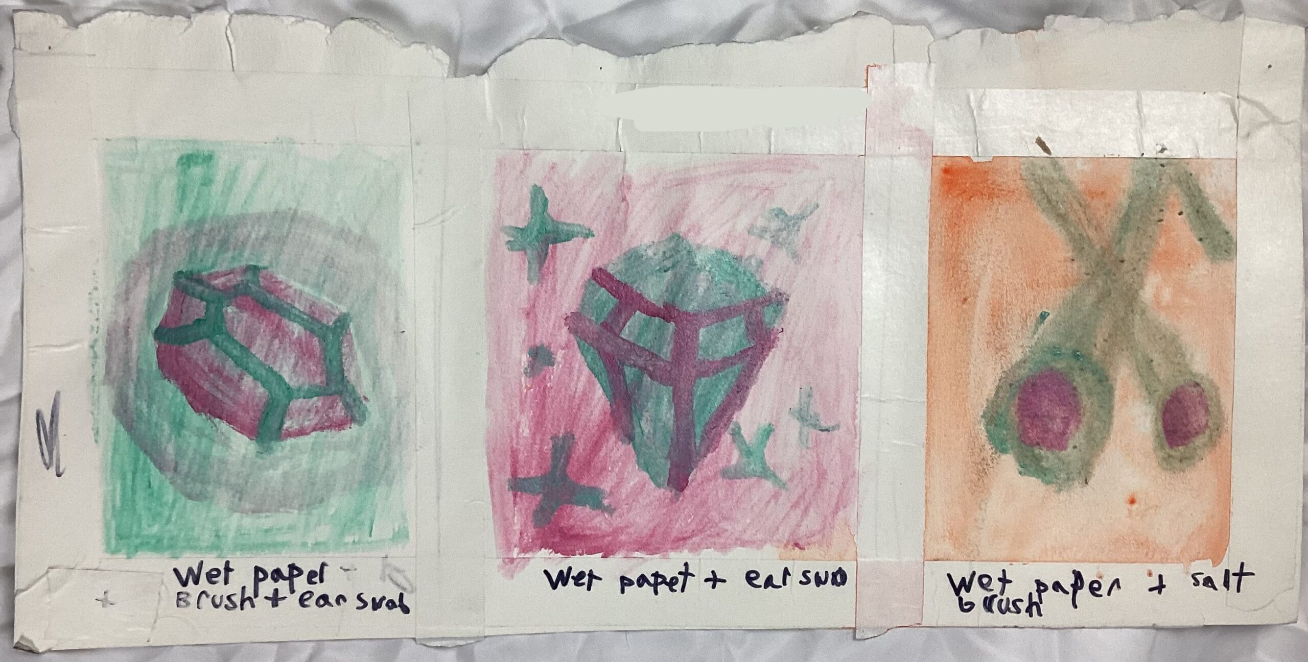 1: A torn piece of paper that is trisected into 3 “frames” by masking tape. The leftmost piece is a simple watercolor painting of a glowing gem with an emerald. The gem is a shade of pink with its lines of its cut painted with green. The gem is giving off a pink glow and the background is green. The center image is a painting of a gem with a brilliant cut. The background is pink while the gem, and the sparkles around it, are green. The lines of the gem’s cut are done in pink. The right most image is two pink spheres hurdling in some direction. The background is orange and the two spheres have a green trail, similar to a comment, to imply their trajectory.