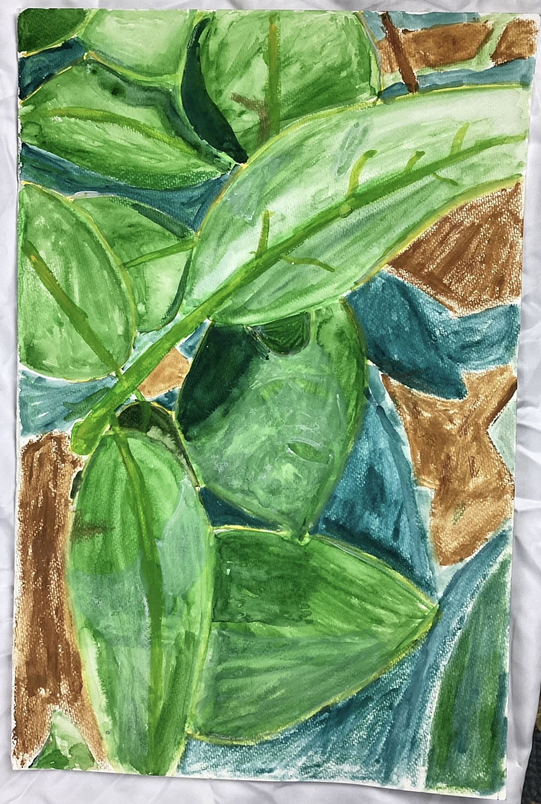 1: A painting of a close-up of a bunch of leaves and branches of a bush.