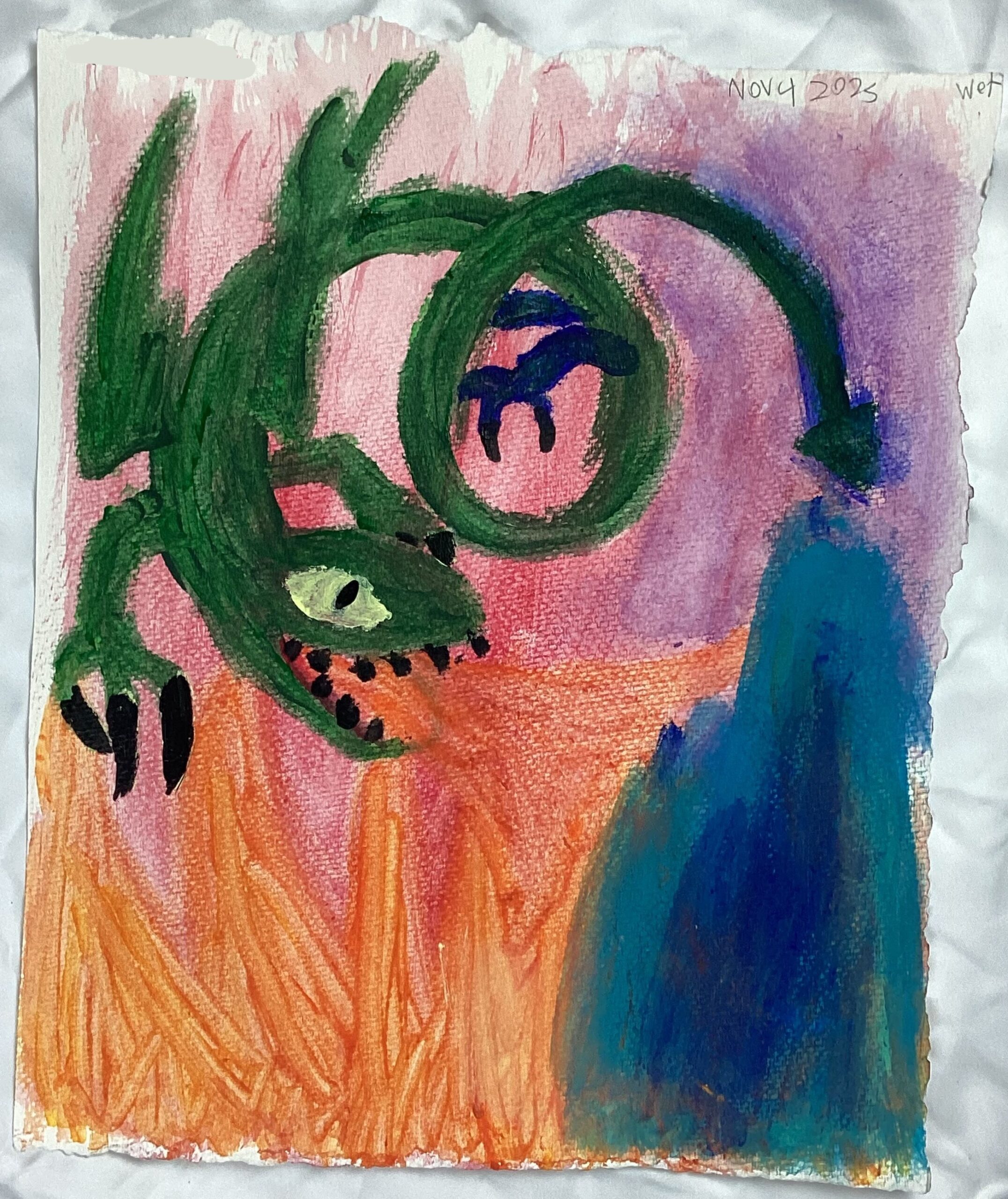 1: A ripped piece of paper with an acrylic painting of a serpentine green winged dragon, with blue hind legs, and a triangular pointed tail breathing fire on a blue mountain below. The background is pink and purple.
