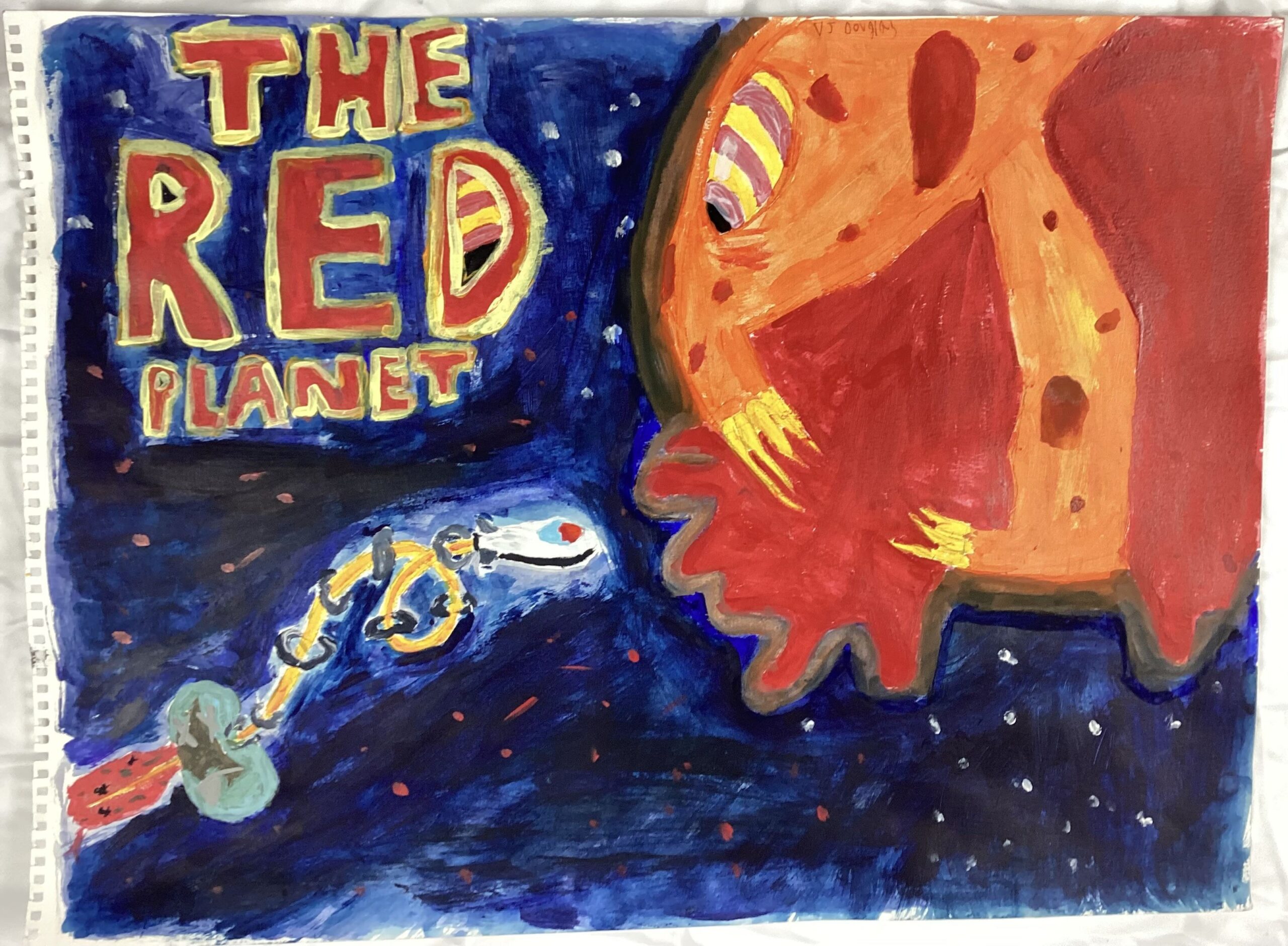 2: A spaceship flying through space from a dying Earth towards the maws of a malicious looking planet with an orange skull-like face full of yellow teeth. The sclera of its eyes alternate between waves of yellow and pink while blood spills out of its mouth and other openings in its body. The Earth is half shoved into a bottle.