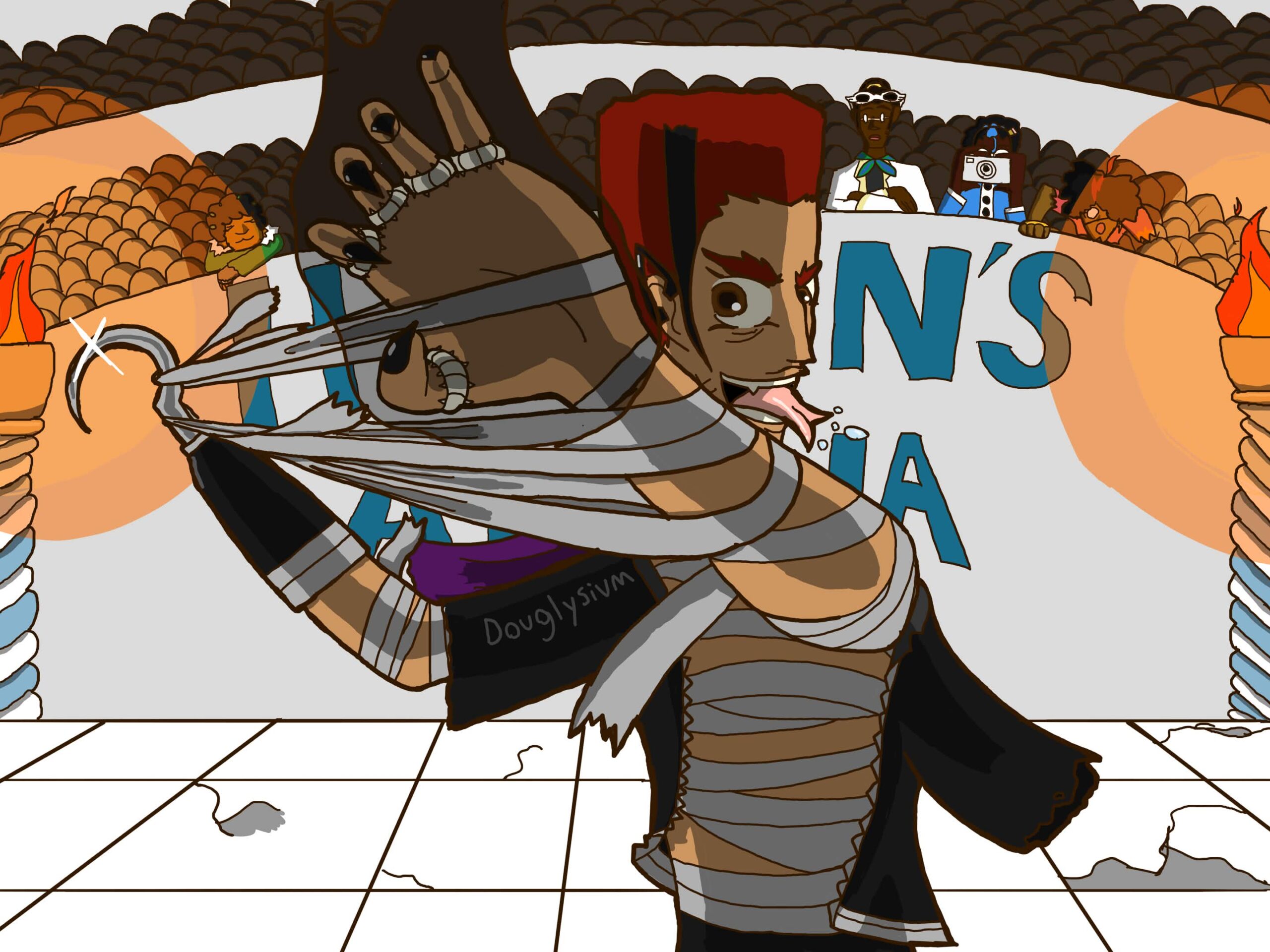 1. My OC Blake is a Black man with brown skin that’s on the lighter side and a stove top haircut made of brownish red hair, and he has hairy eyebrows of the same color. A line from the bottom of his sideburns up is dyed black. Blake is looking at the camera with his split tongue out. His left hand is raised and emanating a dark gray aura. His nails are long and sharp, plus he has an ominous ring on each of his fingers that resemble spines curling around each of his digits. His right arm ends in a hook and gleams as it tears away bandages from around Blake’s left arm and hand. Over the bandages on Blake’s body, he wears a black jacket. While his right arm is through the jacket’s sleeve, his left arm is not through its respective sleeve. Leaving the jacket dangling half off him. Blake is also wearing a purple scarf that billows in the wind. The environment is clearly that of Heaven’s arena with a white tiled floor that’s damaged and cracked in addition to two tall pillar-like torches behind him on either side with a spiraling pattern of blue and white. “HEAVEN’S ARENA” is plastered in big blue letters on a wall behind him (although he partially obscures it). On top of the wall is a crowd of people, including my other OCs Lily, Viola, Adam, and Chloe.