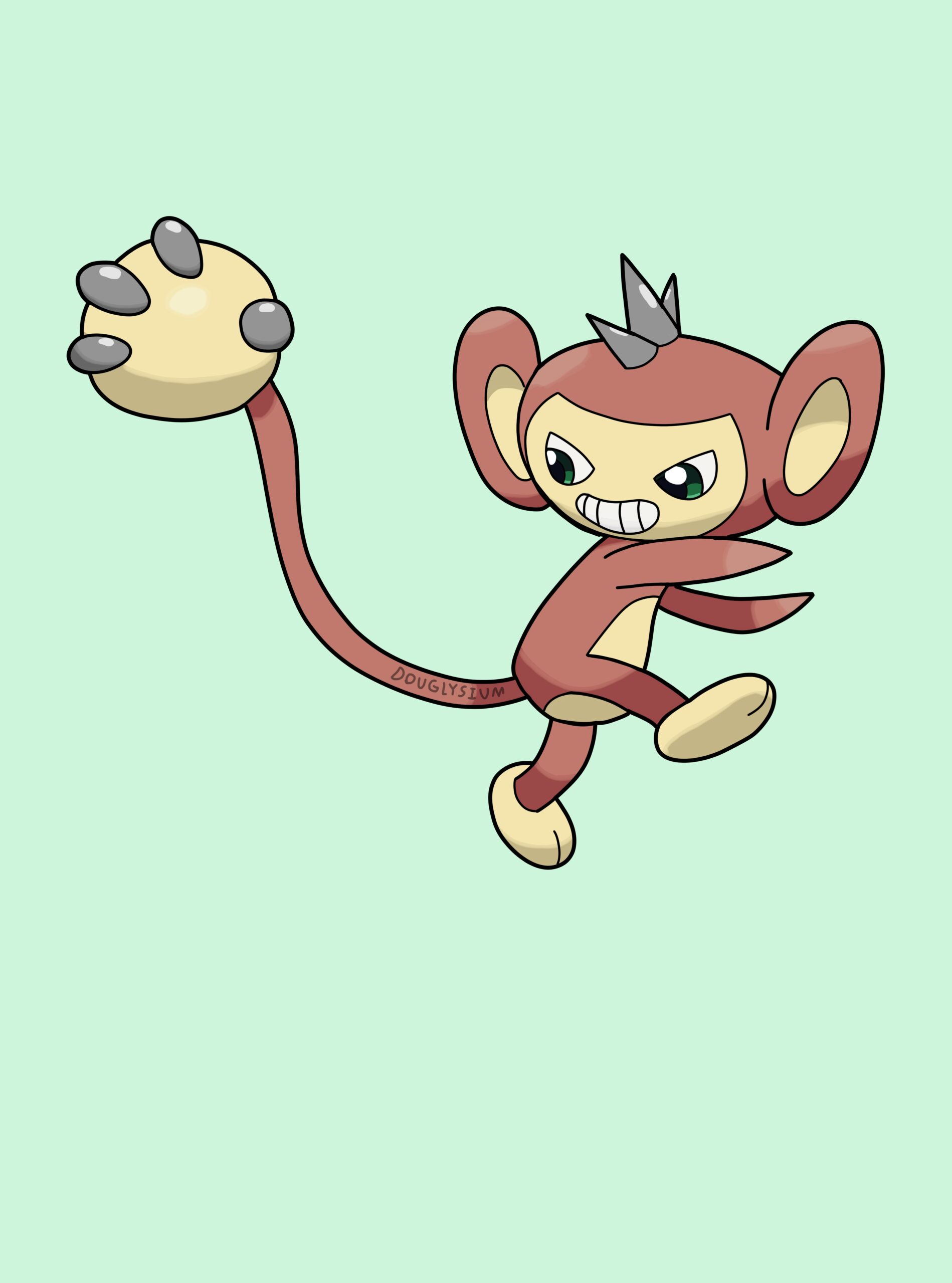 Alt text- A regional variant of Aipom with a more fist like tail. In the place of “fingers” the tail has metal nubs resembling a curled-up fist. It has brown fur with cream highlights. The three hairs sticking up on its head have been replaced with spiky metal protrusions.